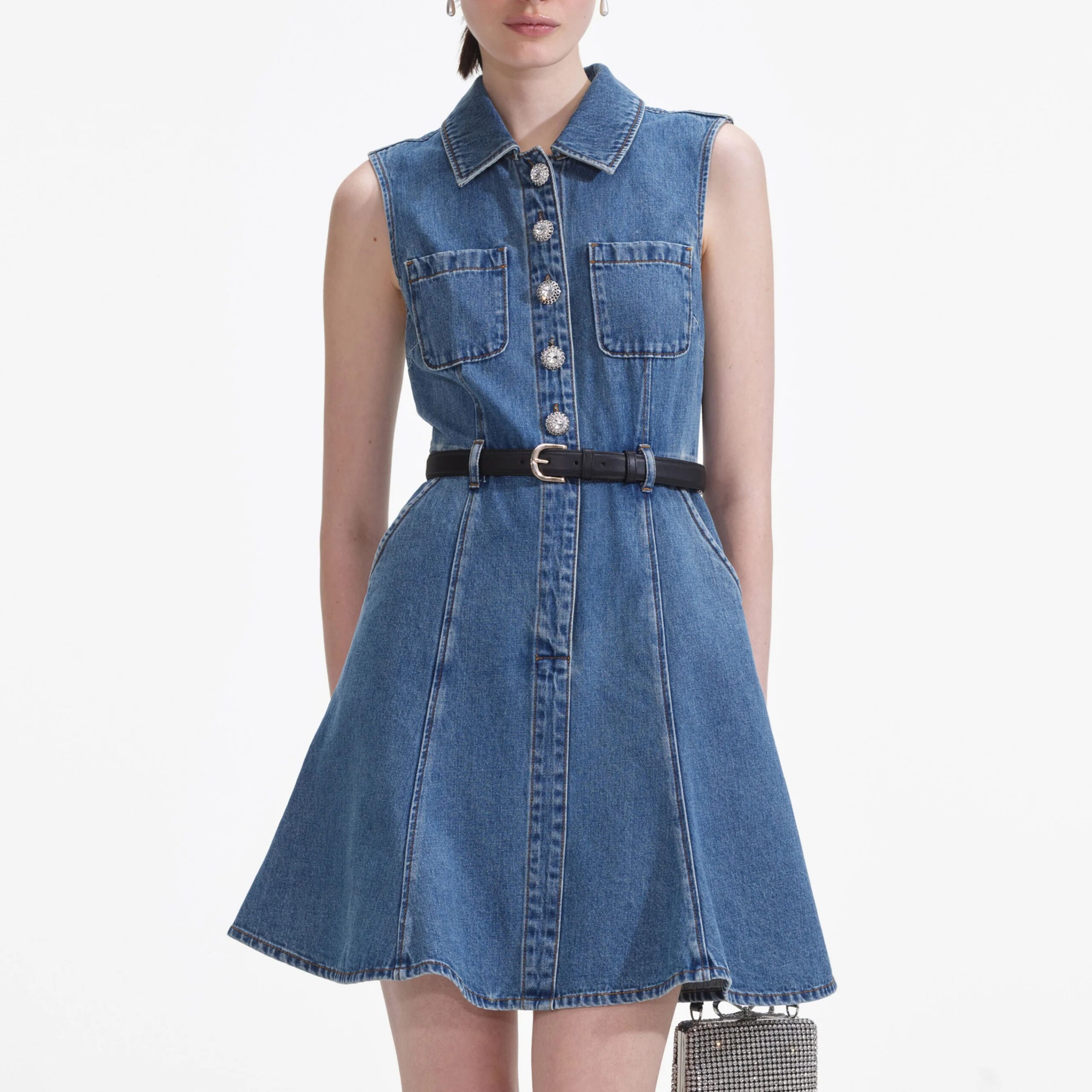 DENIM SLEEVELESS PEARL MINI COCKTAIL DRESS