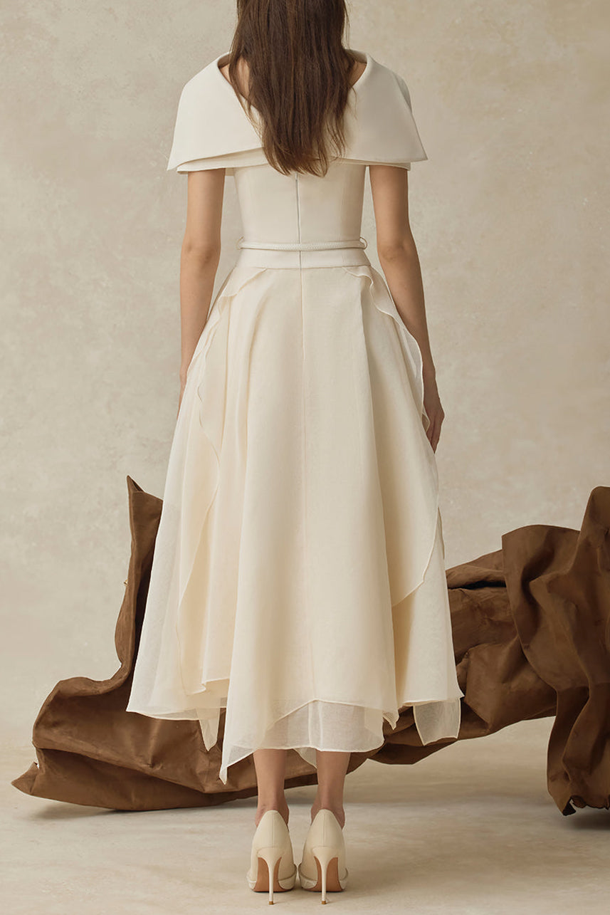 KELLY BEIGE CAPE SLEEVE RUFFLE MIDI DRESS W BELT