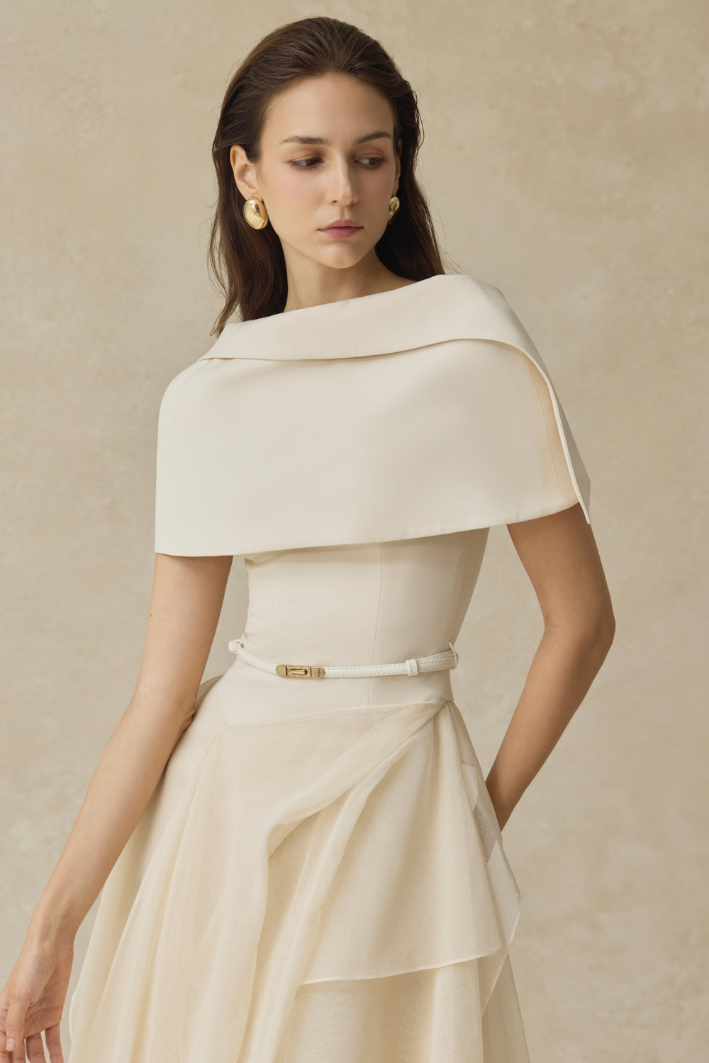 KELLY BEIGE CAPE SLEEVE RUFFLE MIDI DRESS W BELT