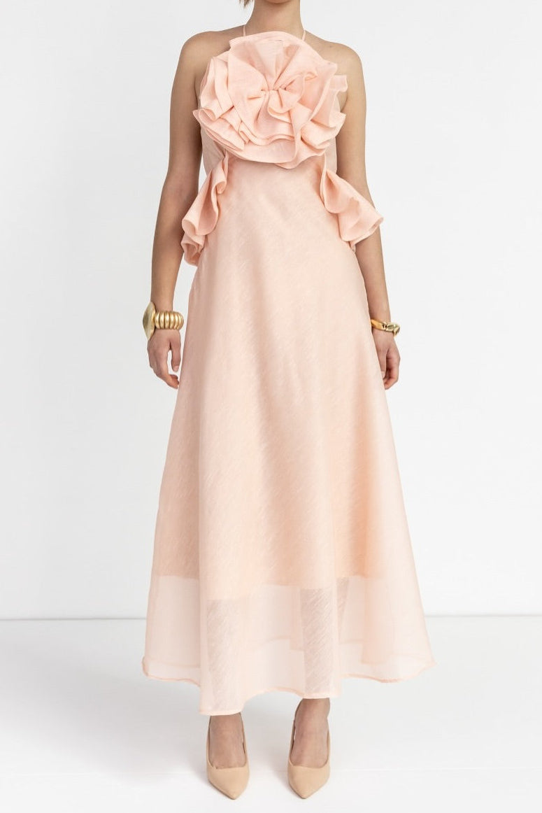 AURORA PINK HALTER RUFFLE MAXI DRESS FOR WEDDING
