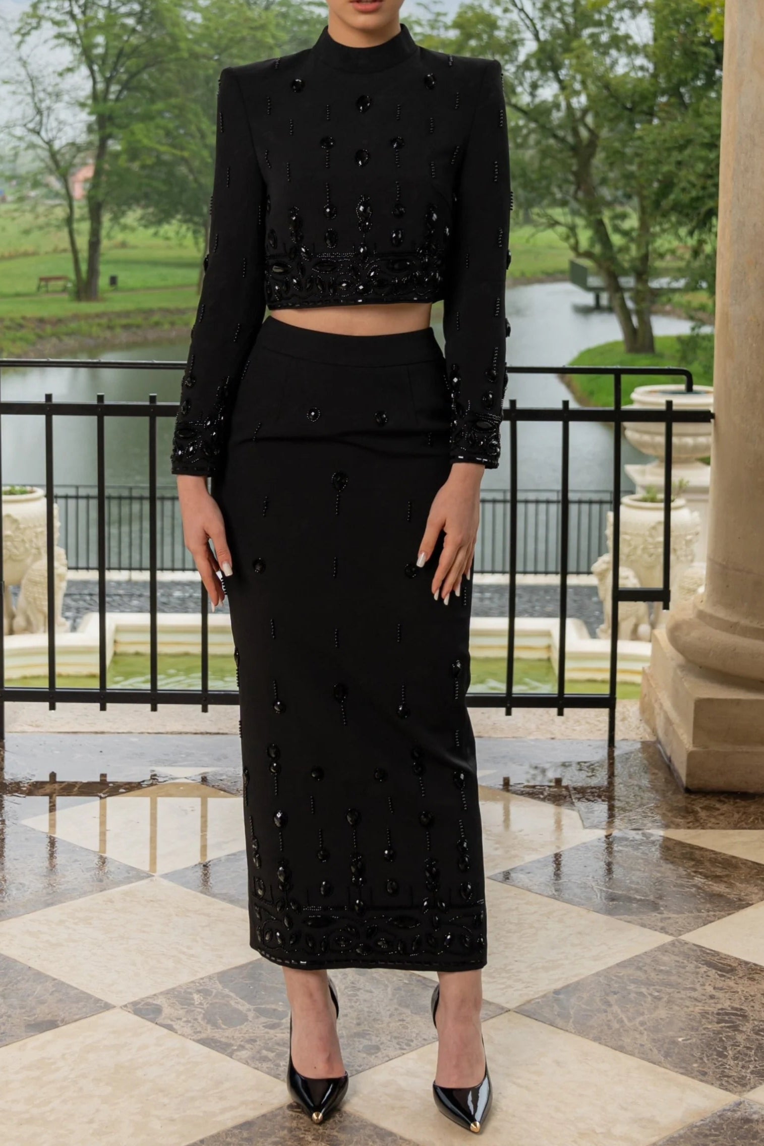 DIAMOND EMBELLISHED CO-ORD MAXI SKIRT BLACK