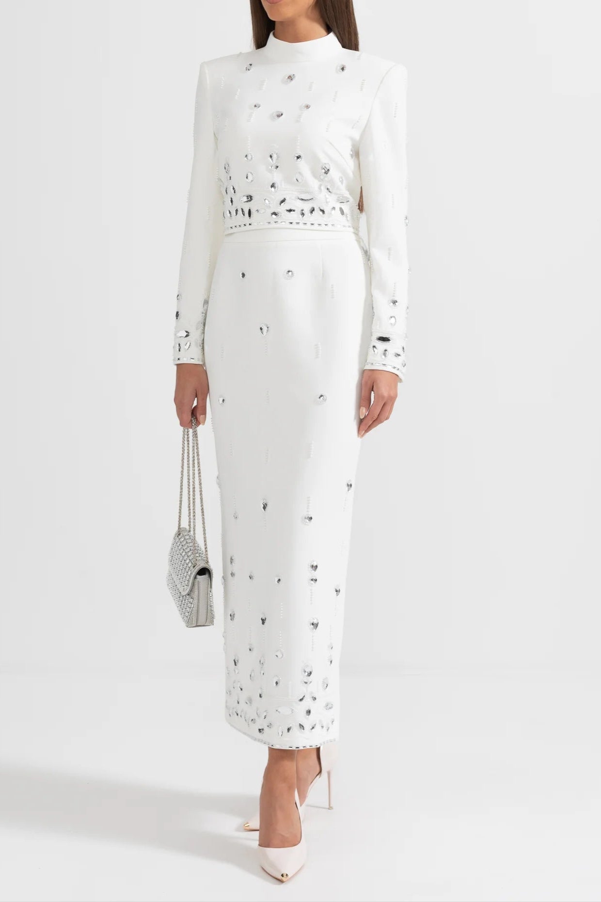 DIAMOND EMBELLISHED WHITE MAXI SKIRT CO-ORD SET