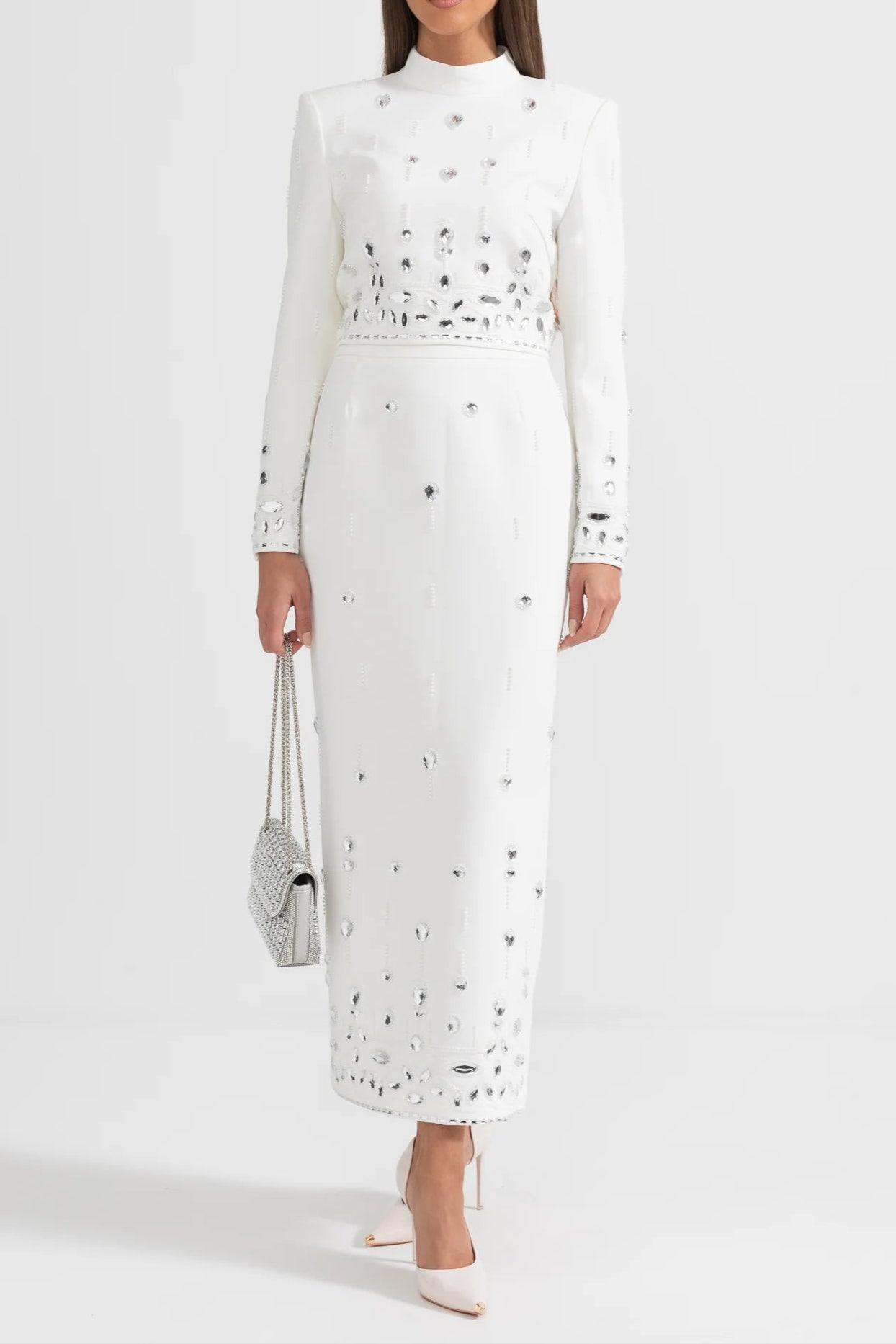 DIAMOND EMBELLISHED WHITE MAXI SKIRT CO-ORD SET