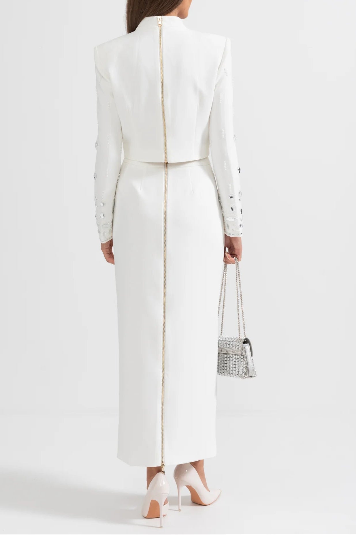 DIAMOND EMBELLISHED WHITE MAXI SKIRT CO-ORD SET