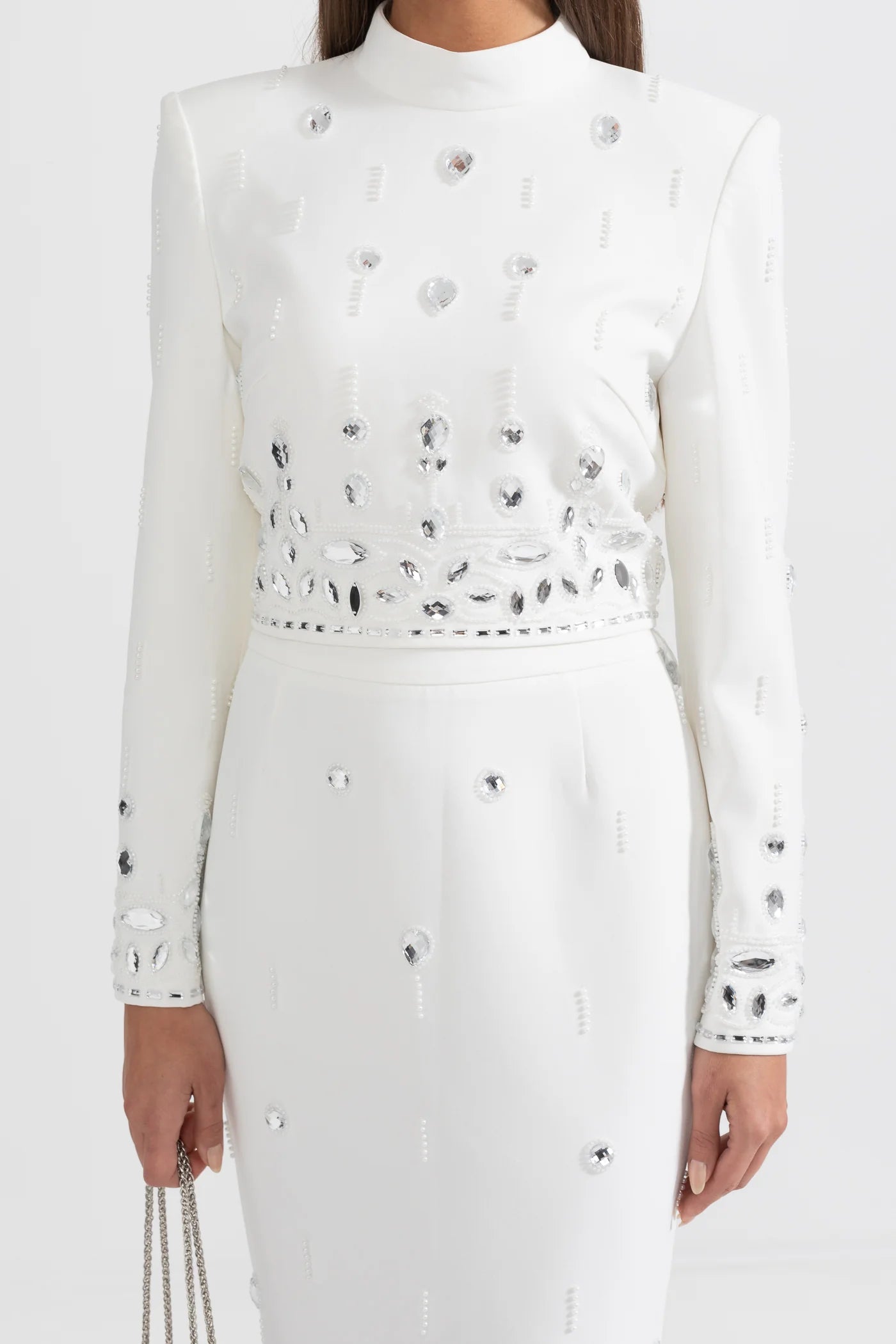 DIAMOND EMBELLISHED WHITE MAXI SKIRT CO-ORD SET