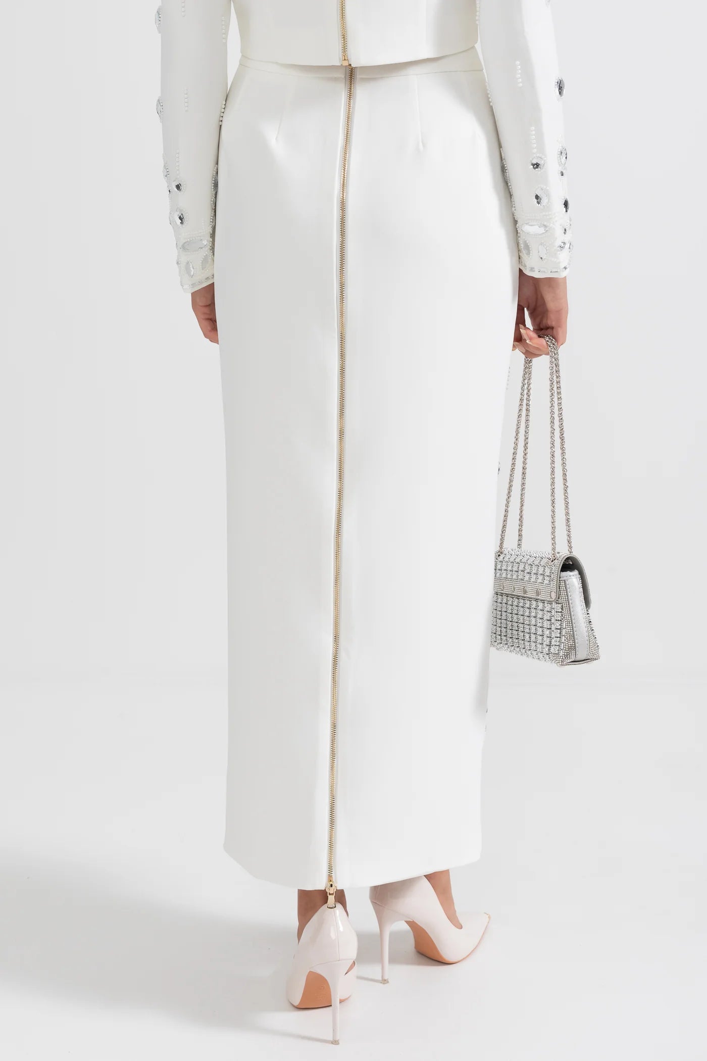 DIAMOND EMBELLISHED WHITE MAXI SKIRT CO-ORD SET