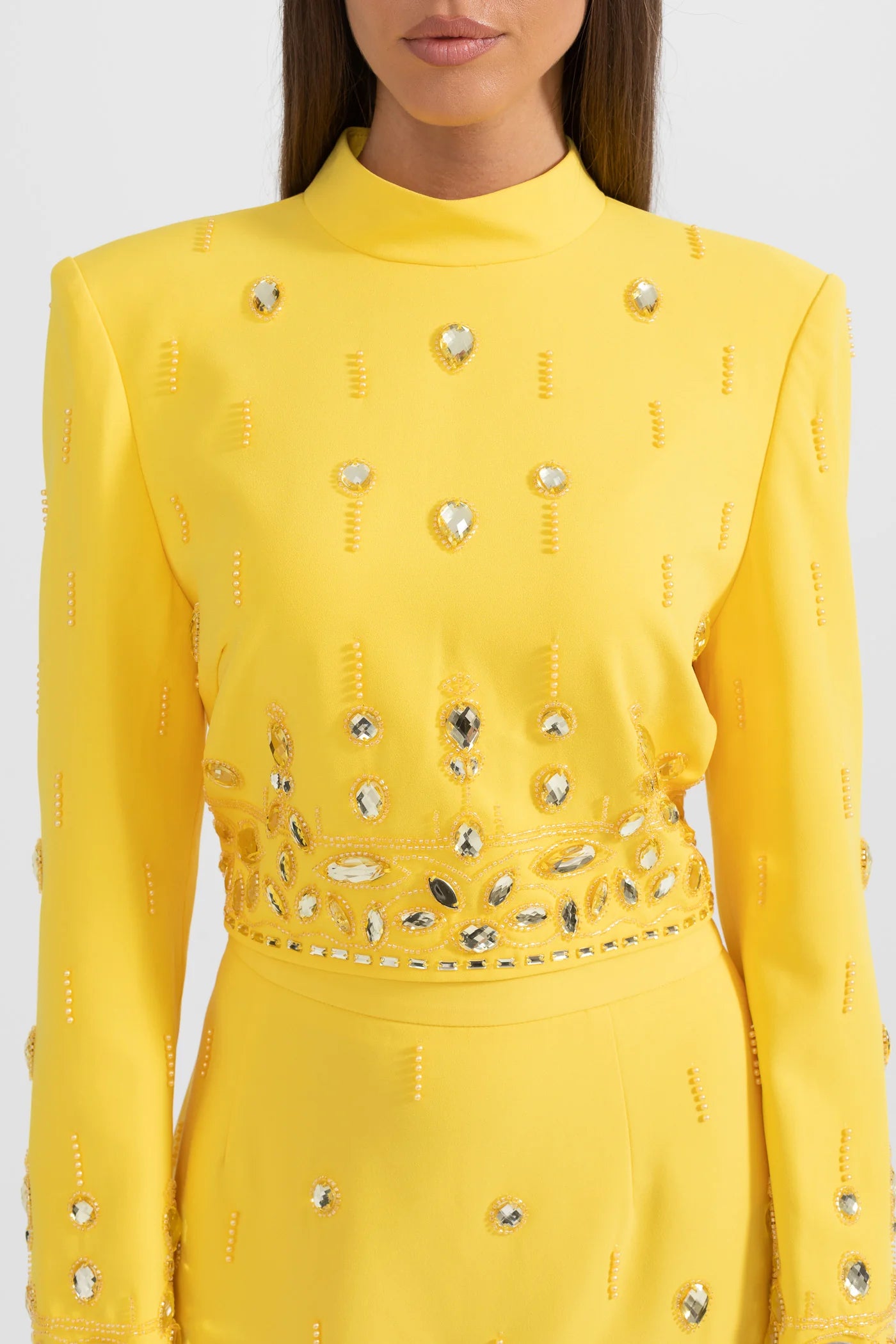 DIAMOND EMBELLISHED YELLOW CO-ORD MINI SKIRT SET