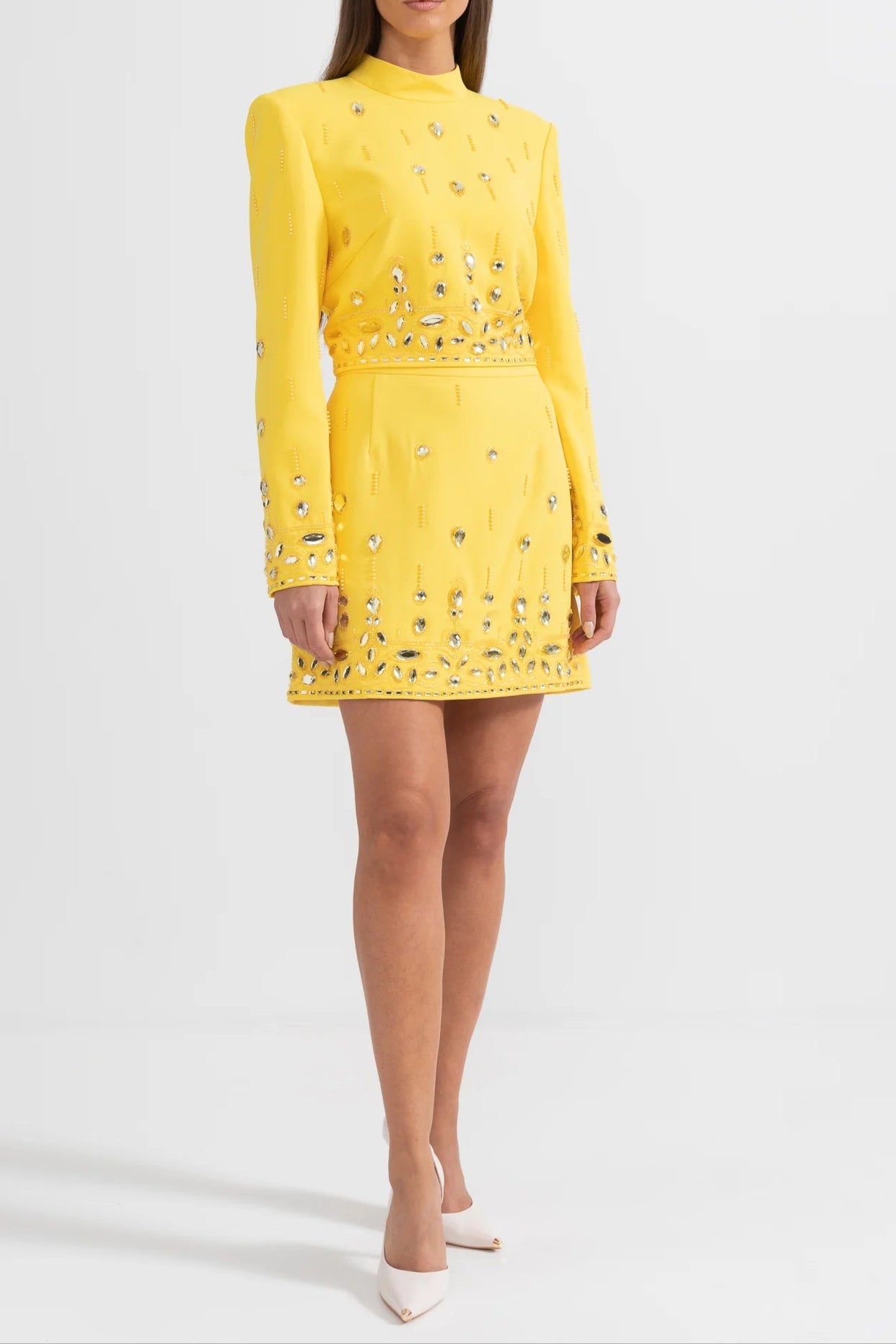 DIAMOND EMBELLISHED YELLOW CO-ORD MINI SKIRT SET