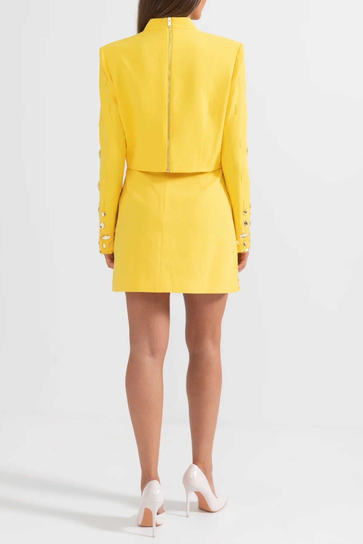 DIAMOND EMBELLISHED YELLOW CO-ORD MINI SKIRT SET