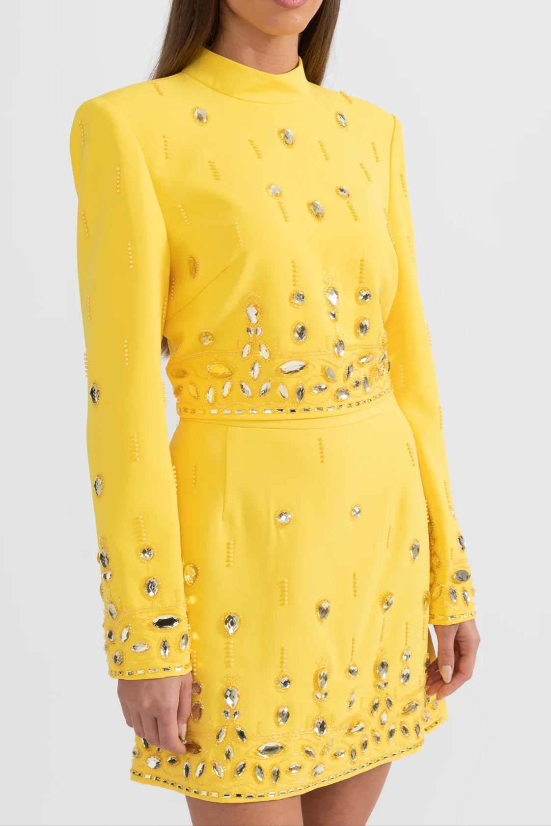 DIAMOND EMBELLISHED YELLOW CO-ORD MINI SKIRT SET