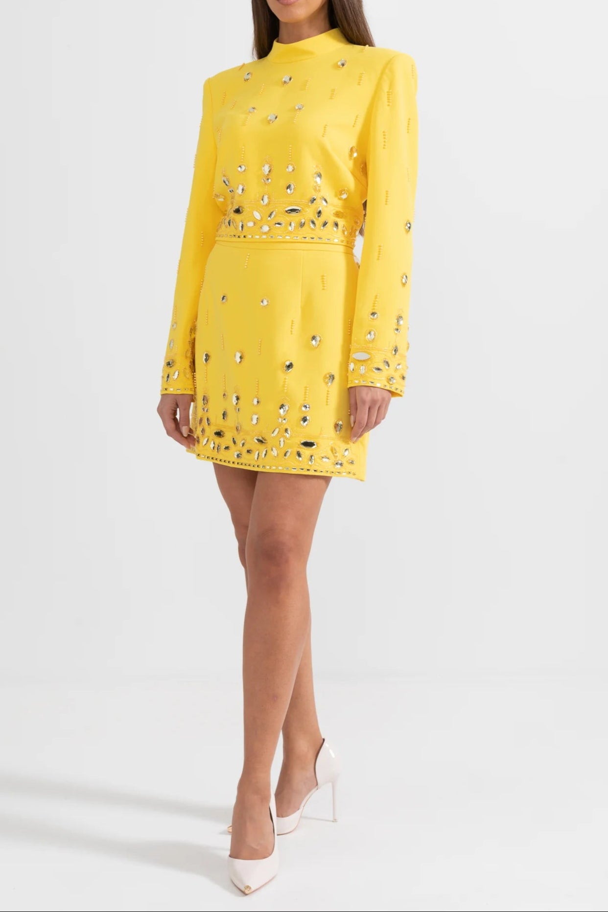 DIAMOND EMBELLISHED YELLOW CO-ORD MINI SKIRT SET