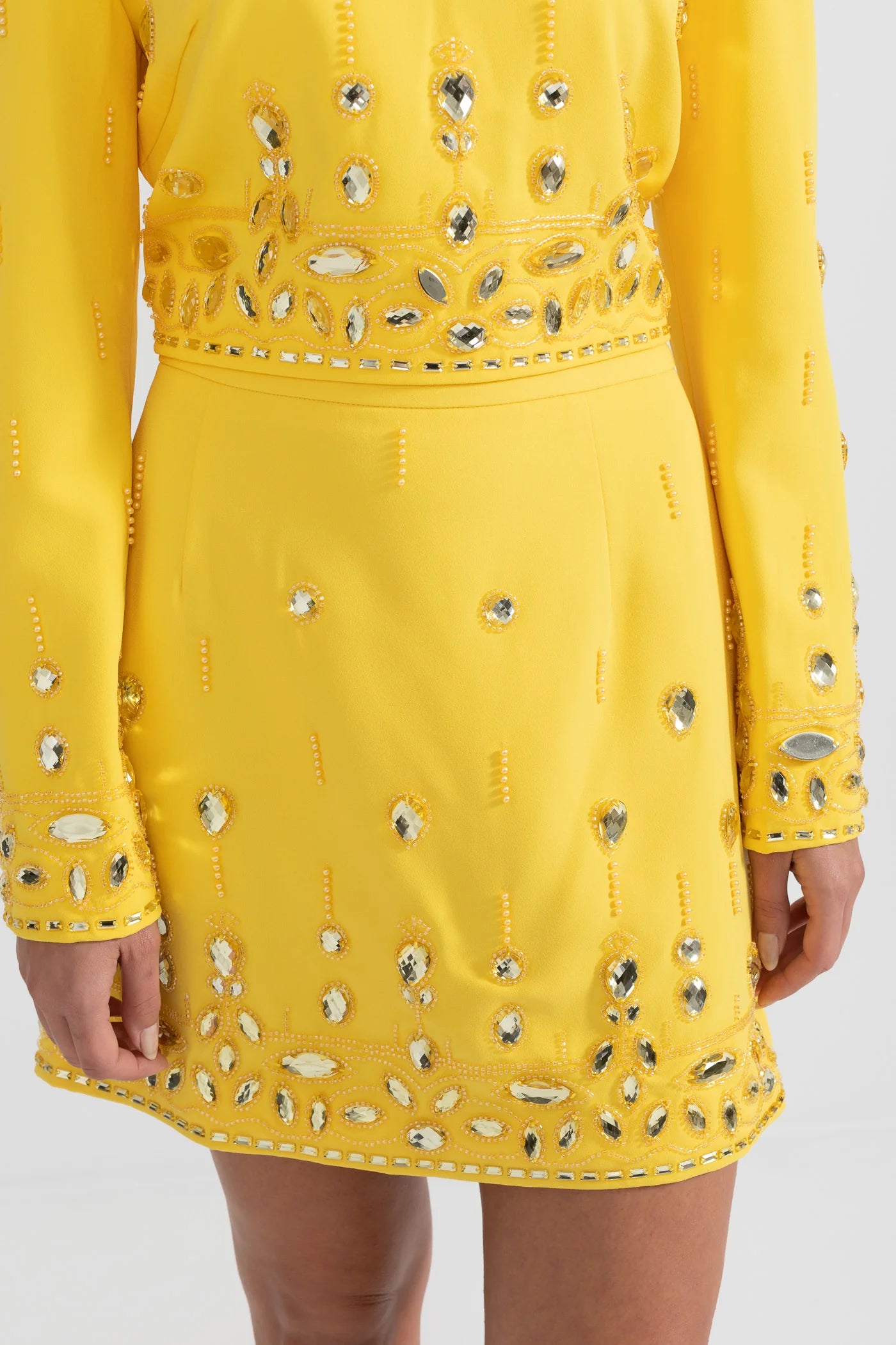 DIAMOND EMBELLISHED YELLOW CO-ORD MINI SKIRT SET