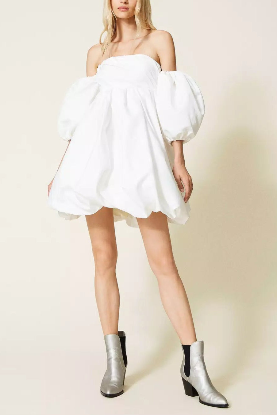 PUFF SLEEVE DUCHESSE MINI DRESS, WHITE COCKTAIL