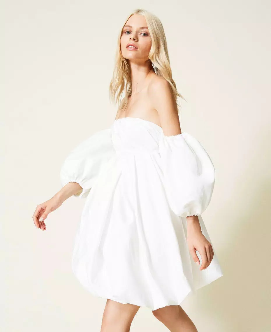 PUFF SLEEVE DUCHESSE MINI DRESS, WHITE COCKTAIL