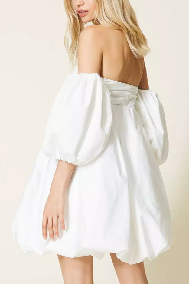PUFF SLEEVE DUCHESSE MINI DRESS, WHITE COCKTAIL