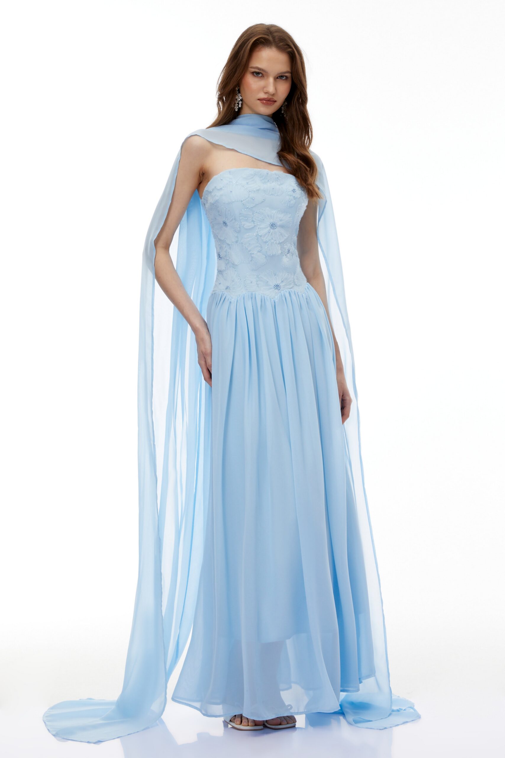 REBECCA BLUE FLORAL EMBROIDERED MAXI DRESS