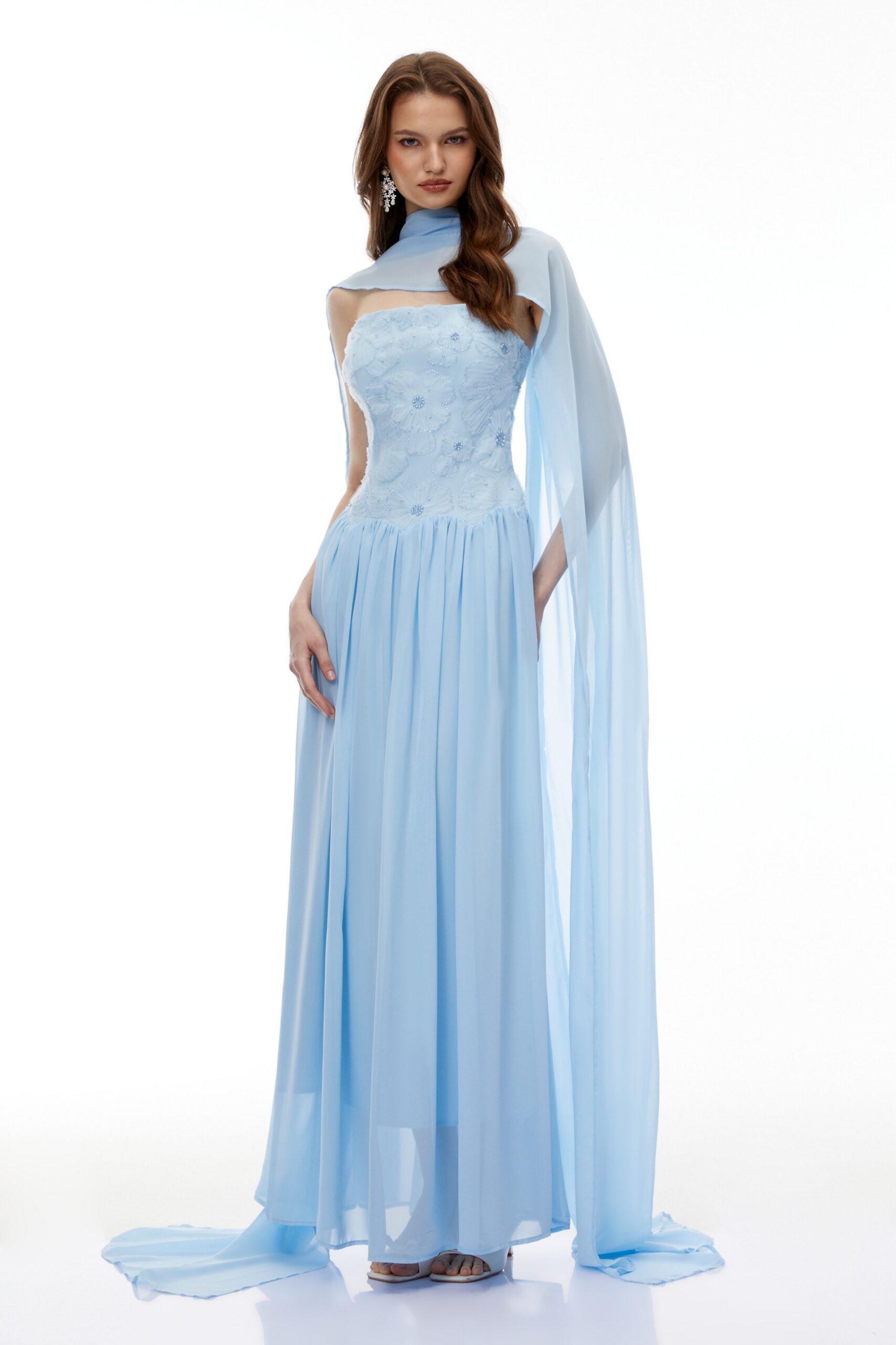 REBECCA BLUE FLORAL EMBROIDERED MAXI DRESS