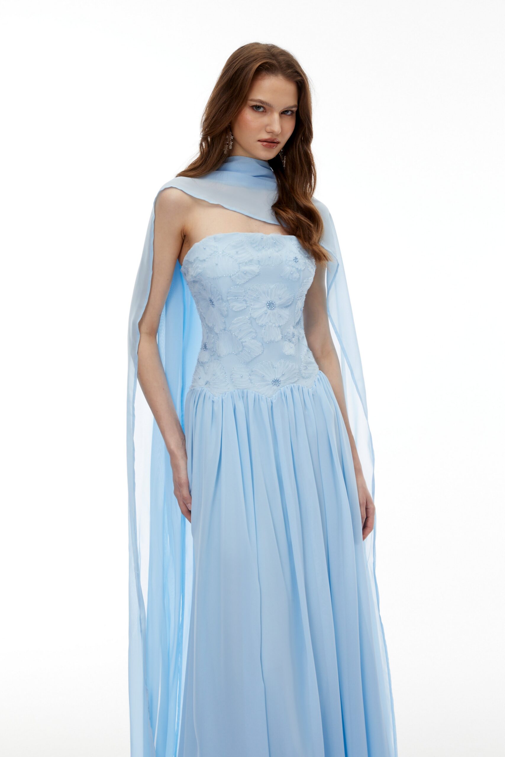 REBECCA BLUE FLORAL EMBROIDERED MAXI DRESS