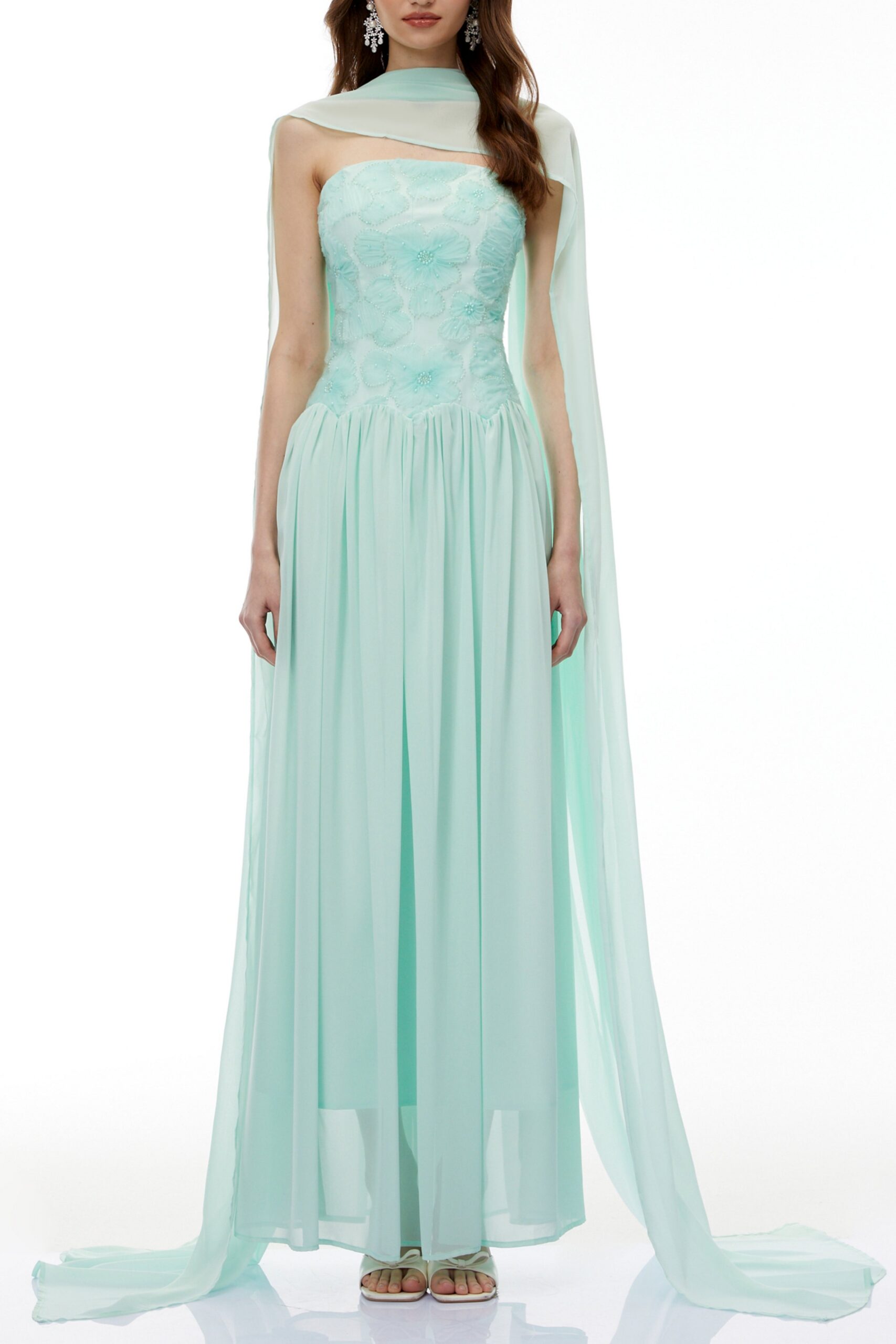 DobromilaGreenFloralEmbroideredPleatedMaxiDress REBECCA GREEN FLORAL EMBROIDERED PLEATED MAXI DRESS