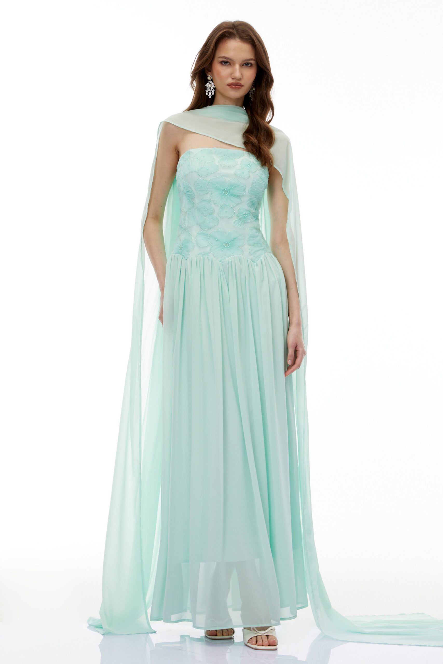 REBECCA GREEN FLORAL EMBROIDERED PLEATED MAXI DRESS