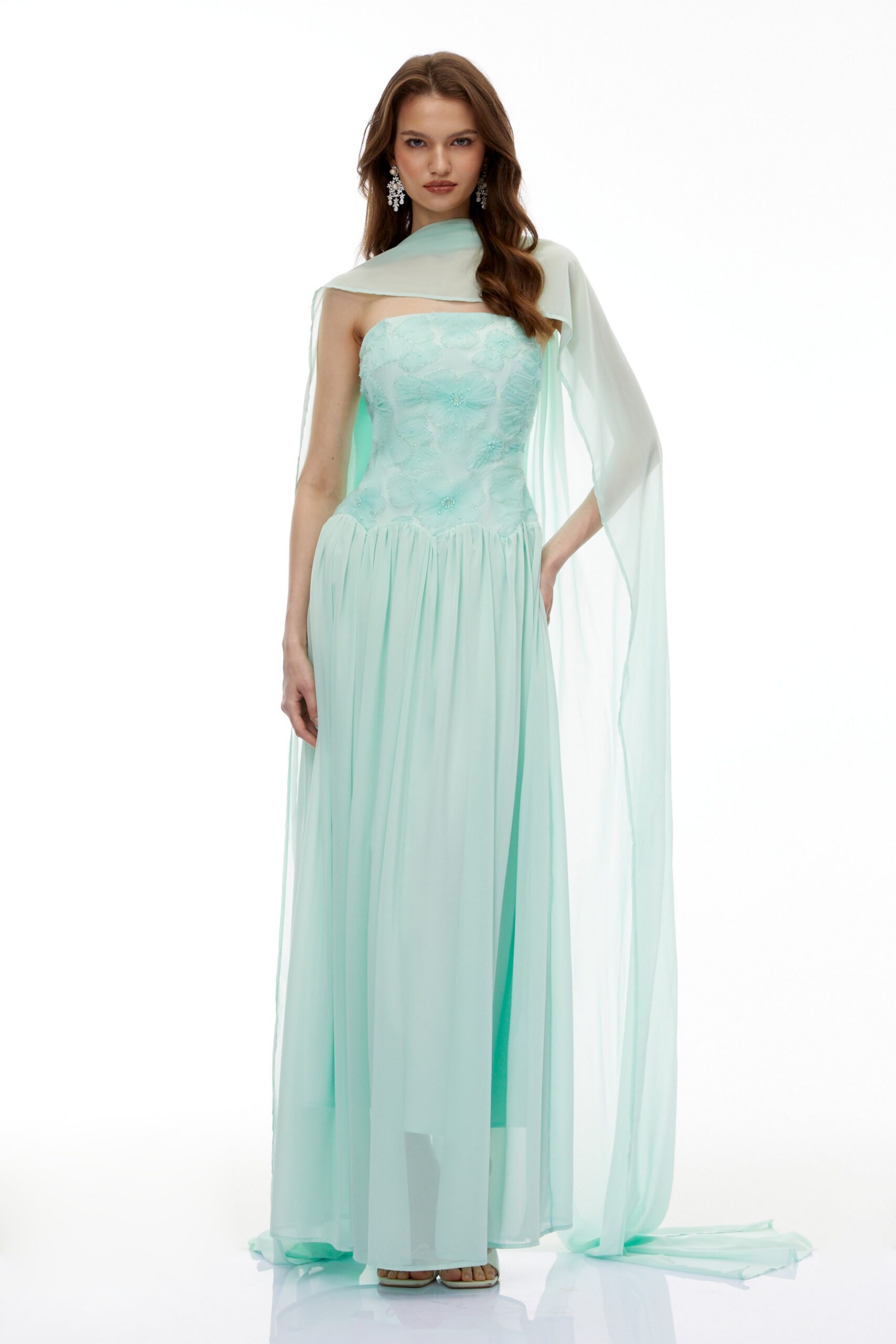 REBECCA GREEN FLORAL EMBROIDERED PLEATED MAXI DRESS