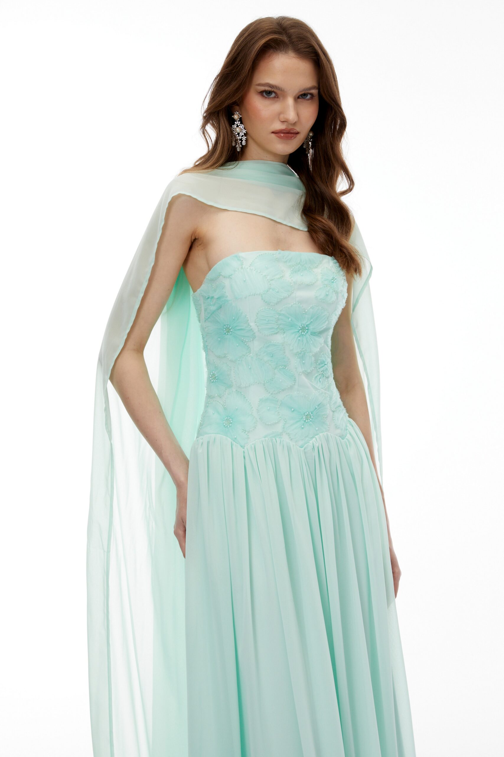 REBECCA GREEN FLORAL EMBROIDERED PLEATED MAXI DRESS