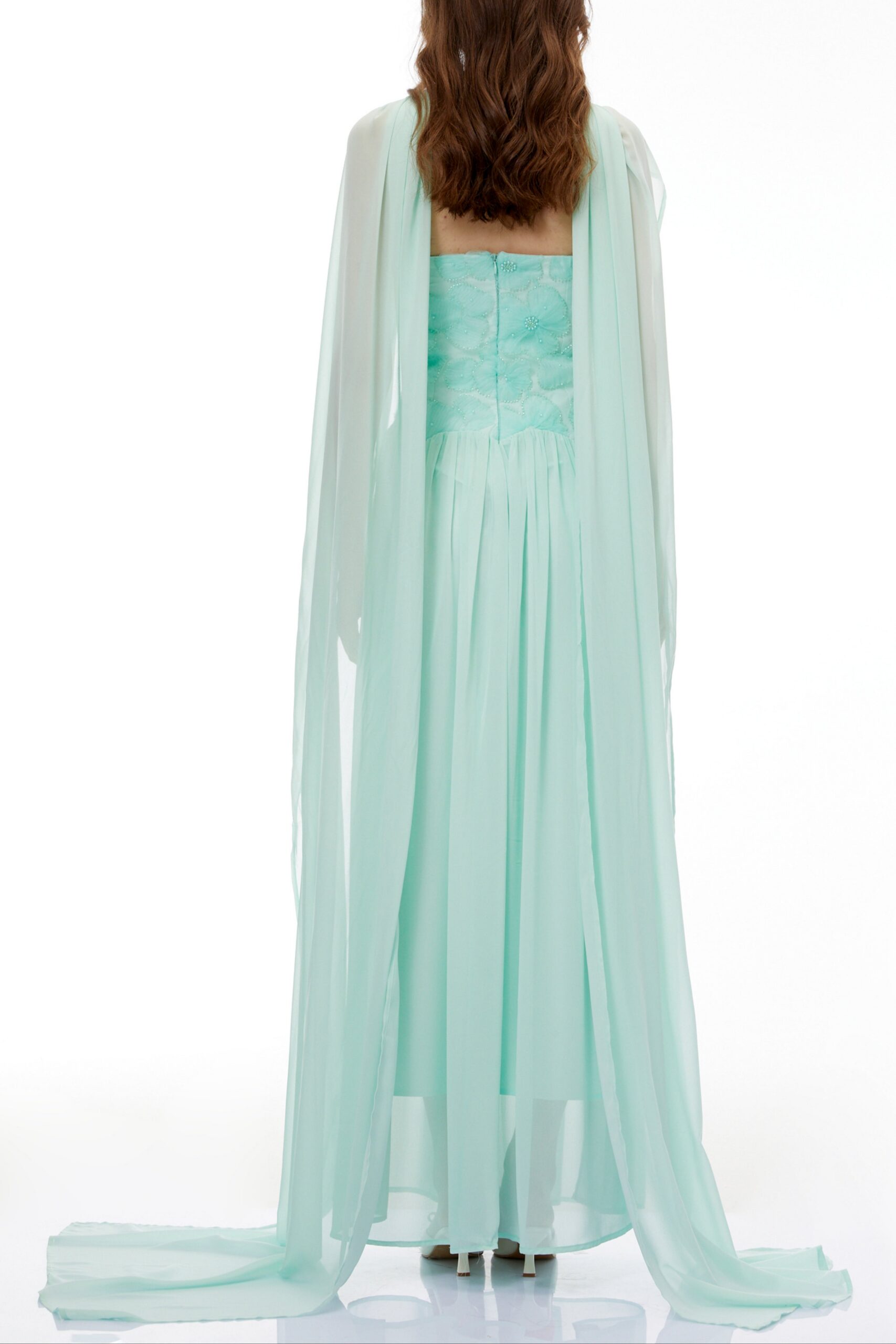 REBECCA GREEN FLORAL EMBROIDERED PLEATED MAXI DRESS