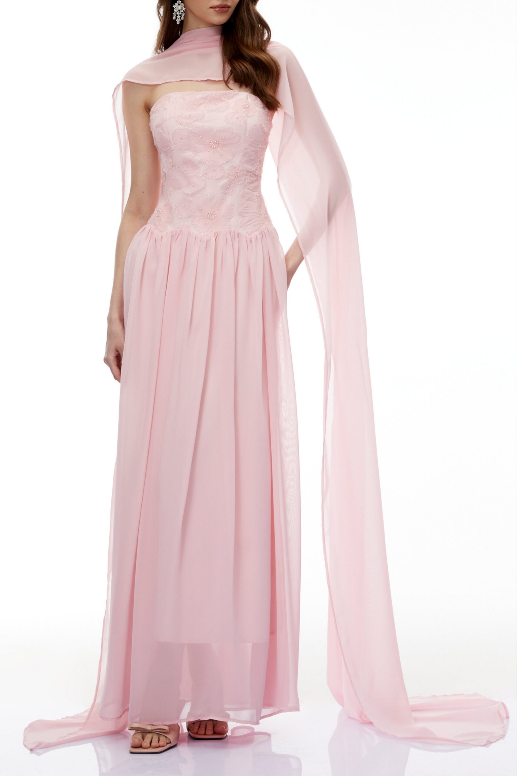 DobromilaPinkFloralEmbroideredPleatedMaxiDress REBECCA PINK FLORAL EMBROIDERED PLEATED MAXI DRESS