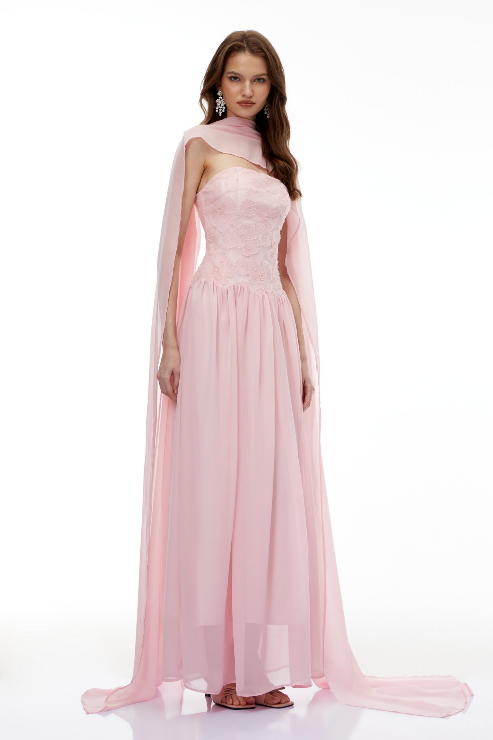 REBECCA PINK FLORAL EMBROIDERED PLEATED MAXI DRESS