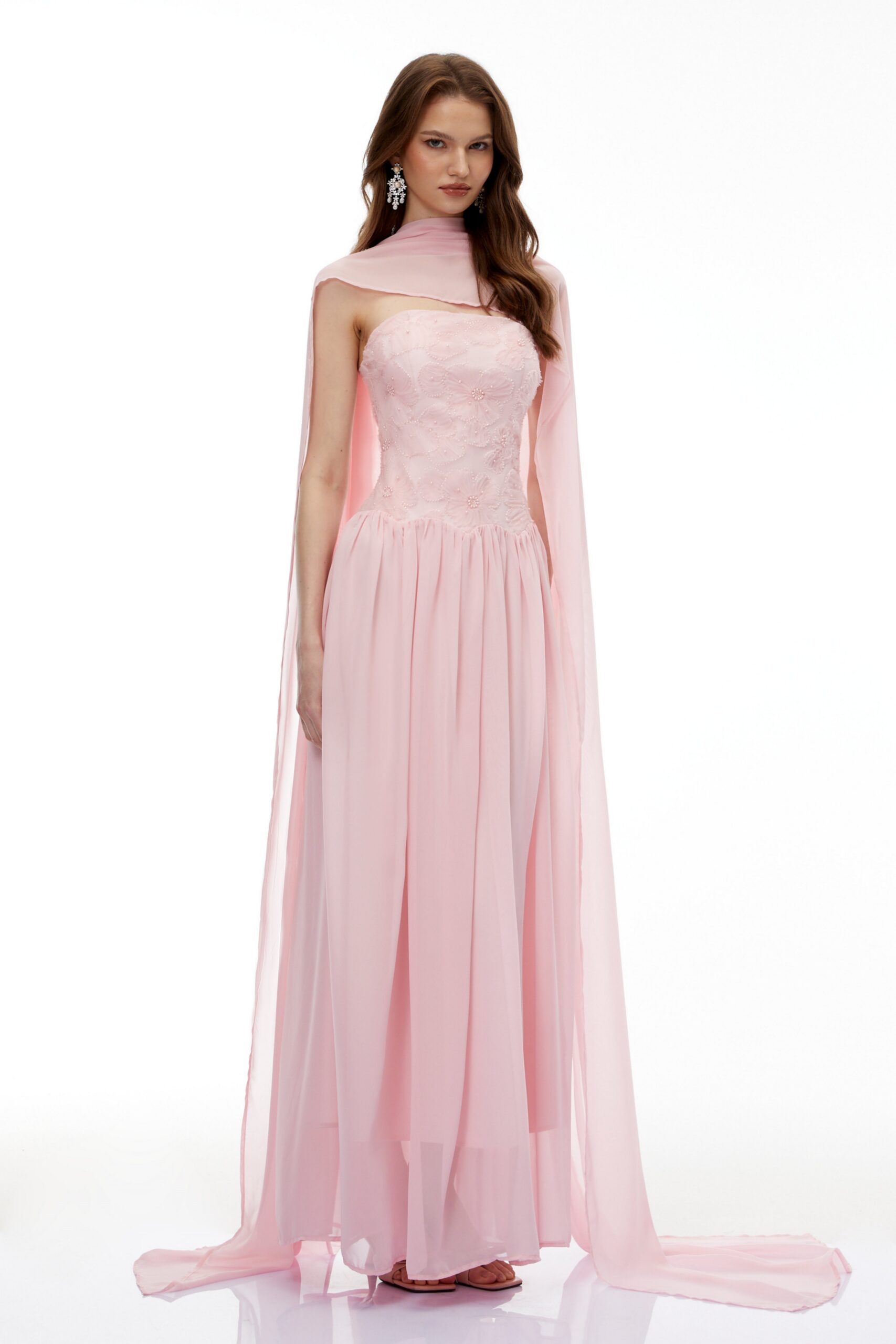 REBECCA PINK FLORAL EMBROIDERED PLEATED MAXI DRESS