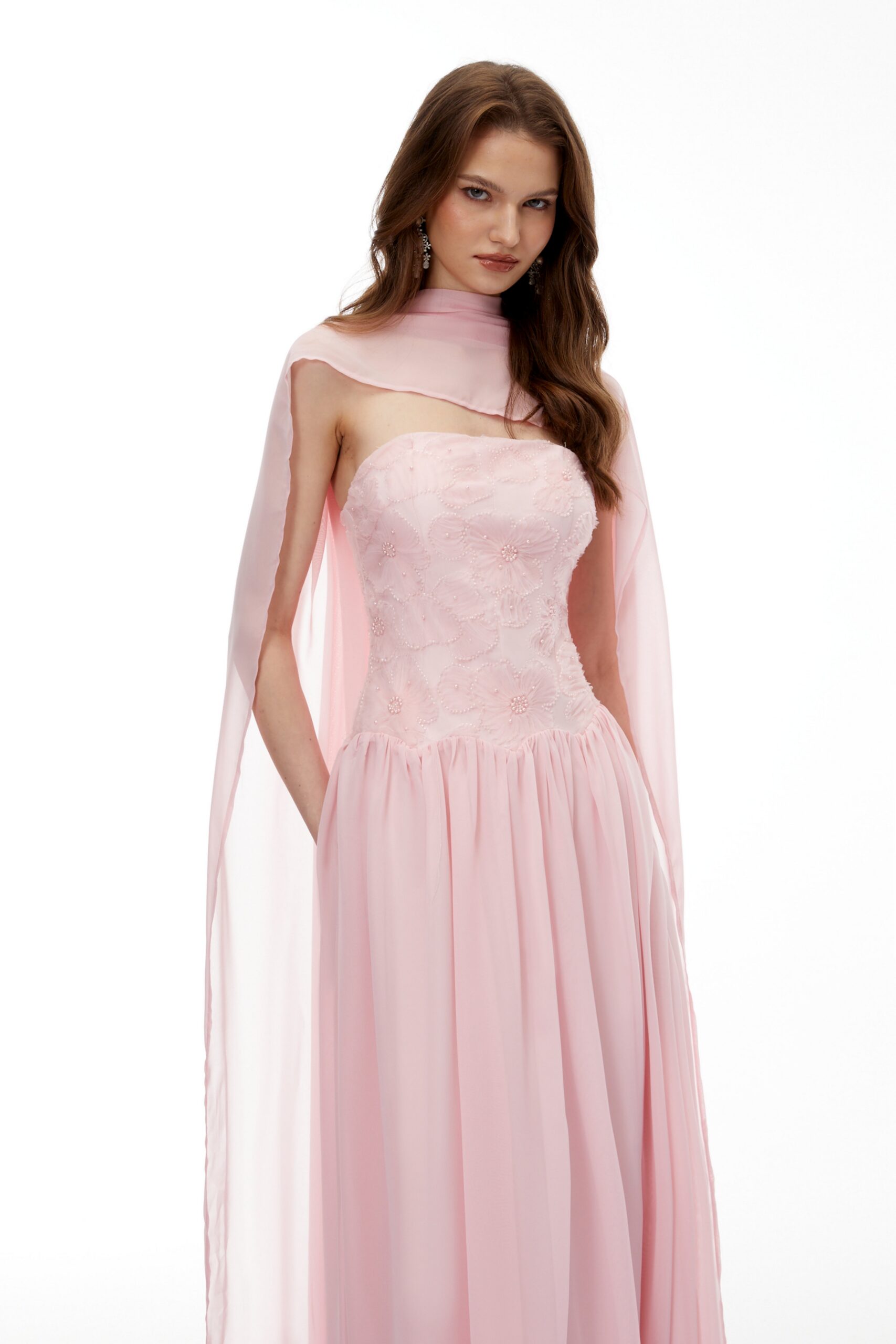 REBECCA PINK FLORAL EMBROIDERED PLEATED MAXI DRESS