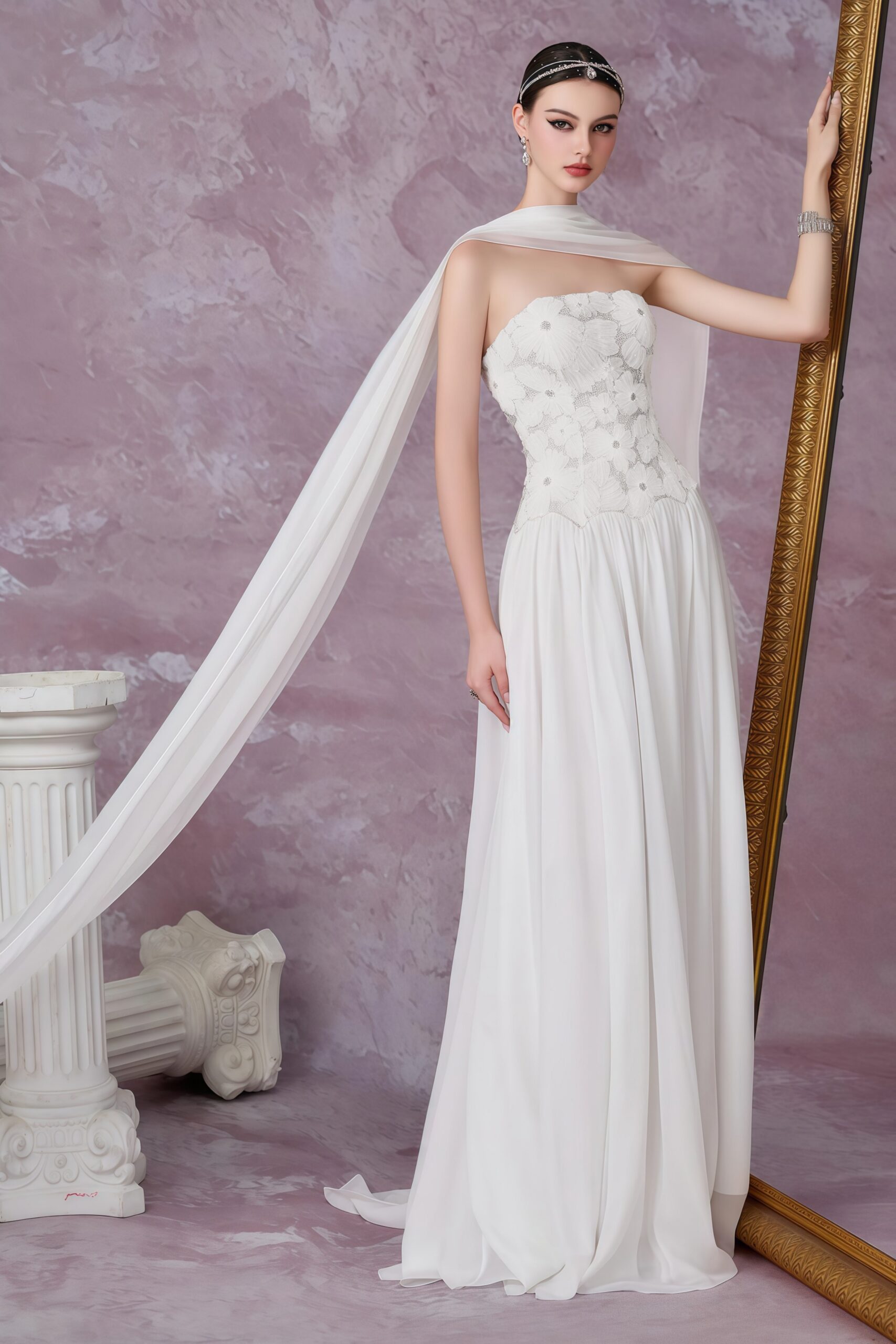 REBECCA WHITE FLORAL EMBROIDERED PLEATED MAXI DRESS