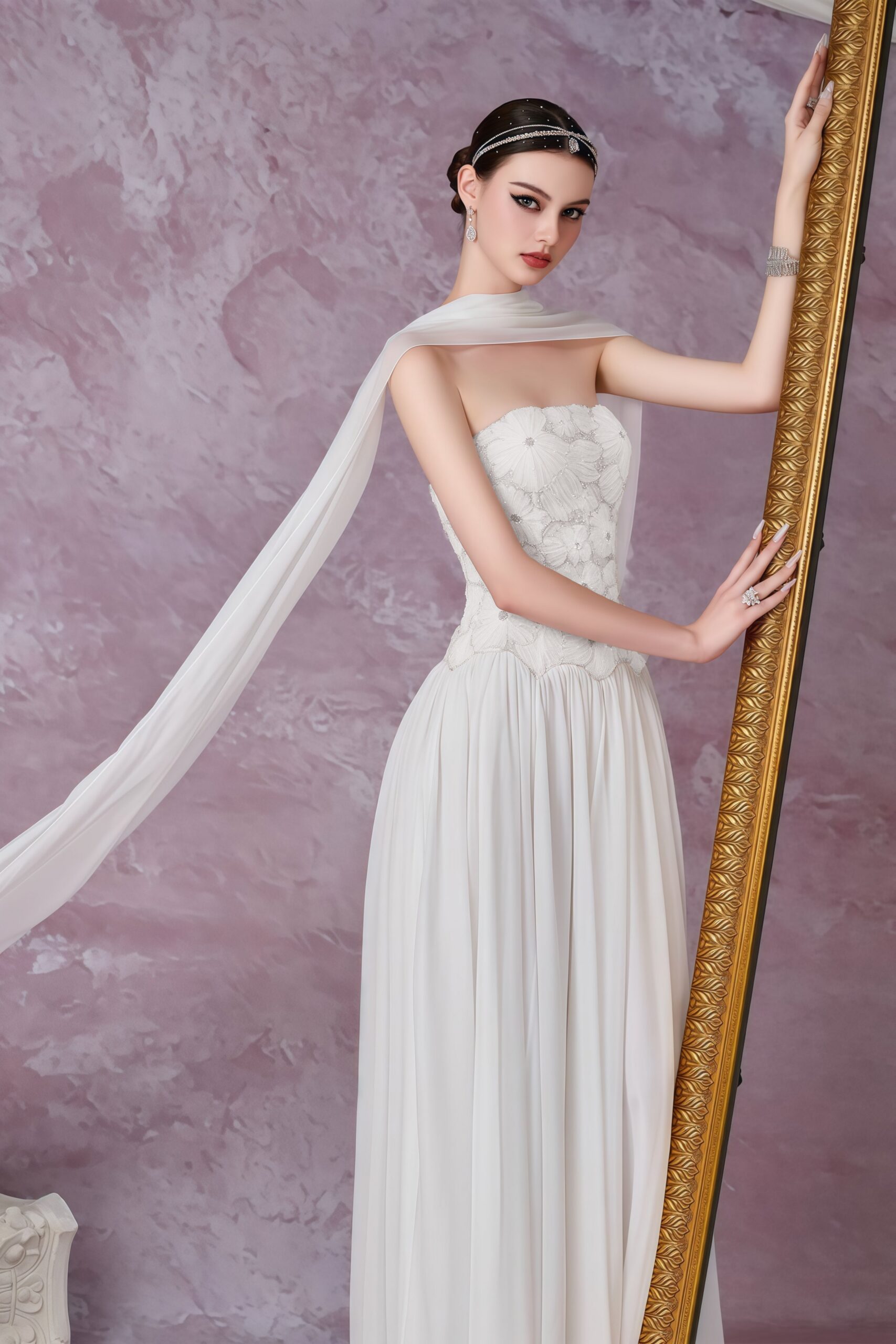 REBECCA WHITE FLORAL EMBROIDERED PLEATED MAXI DRESS
