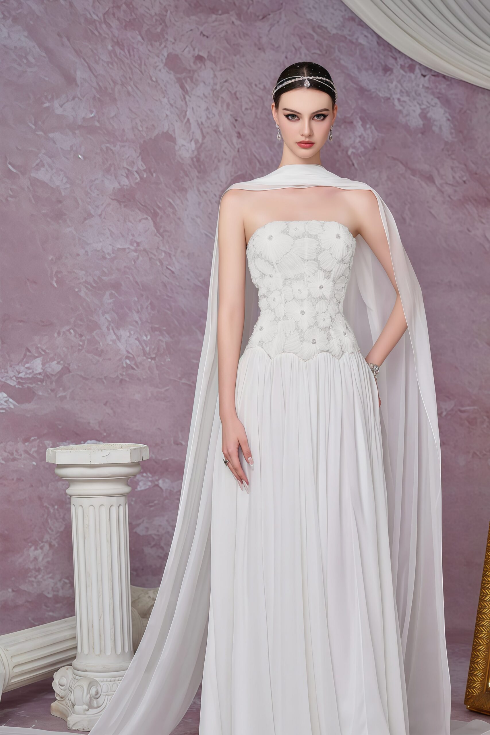 REBECCA WHITE FLORAL EMBROIDERED PLEATED MAXI DRESS