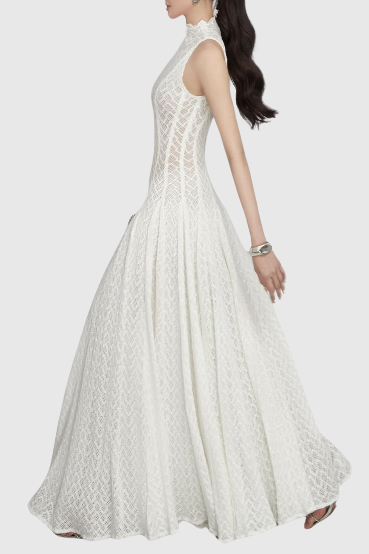 WAVY LACE SLEEVELESS MAXI DRESS FOR PARTY