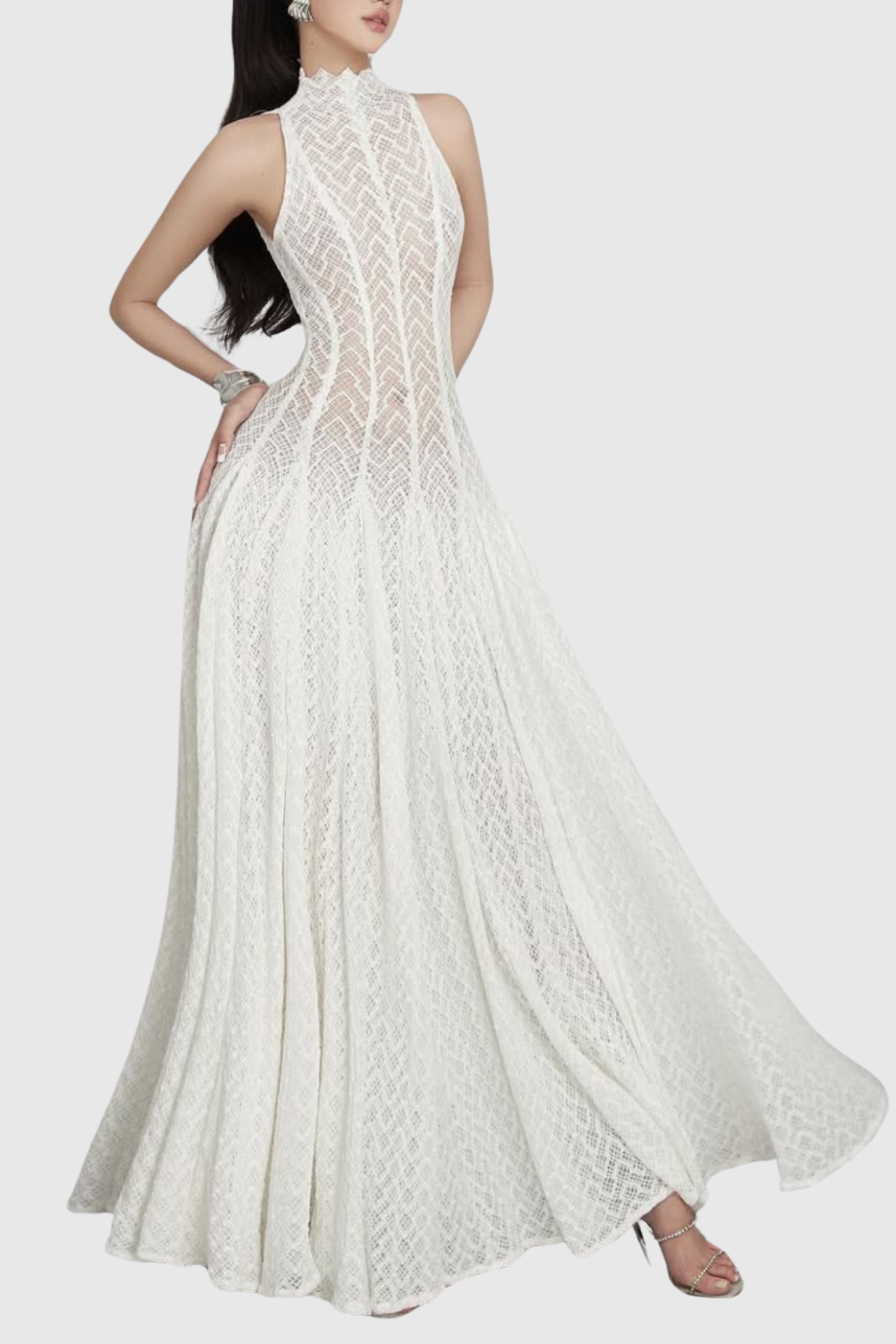 WAVY LACE SLEEVELESS MAXI DRESS FOR PARTY