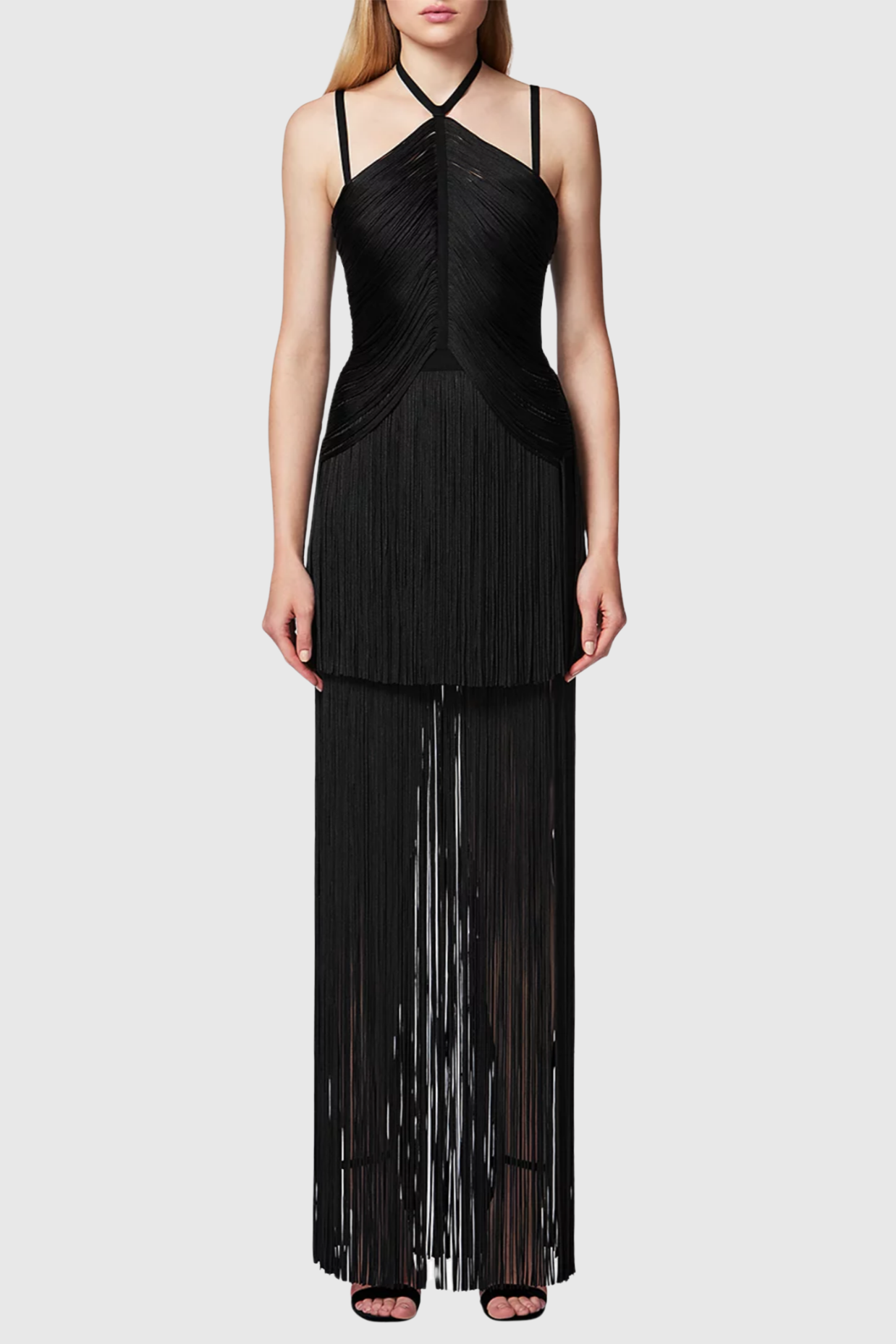 DOLY HALTER FRINGE MAXI BANDAGE DRESS BLACK