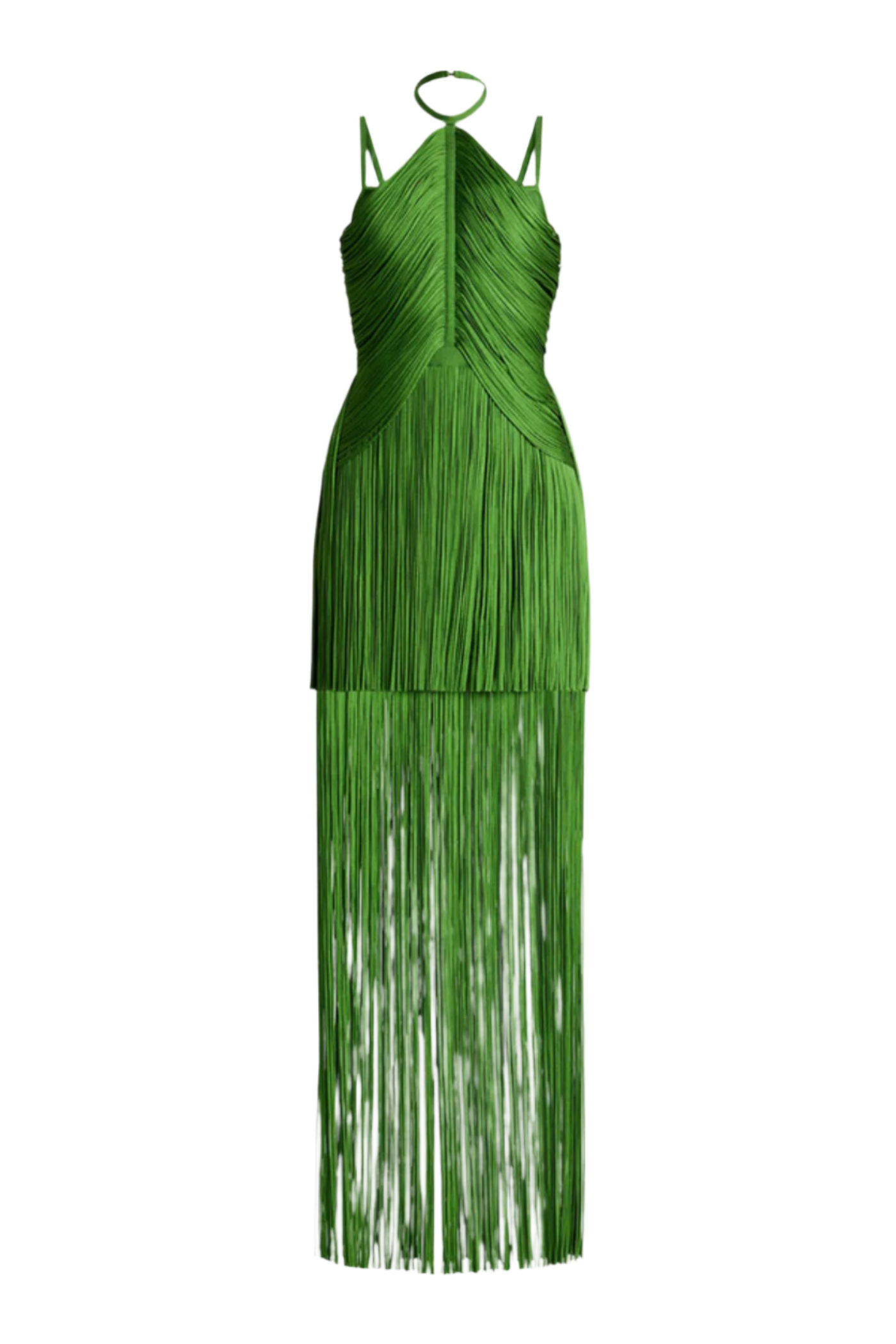 DOLY HALTER FRINGE MAXI DRESS - GREEN