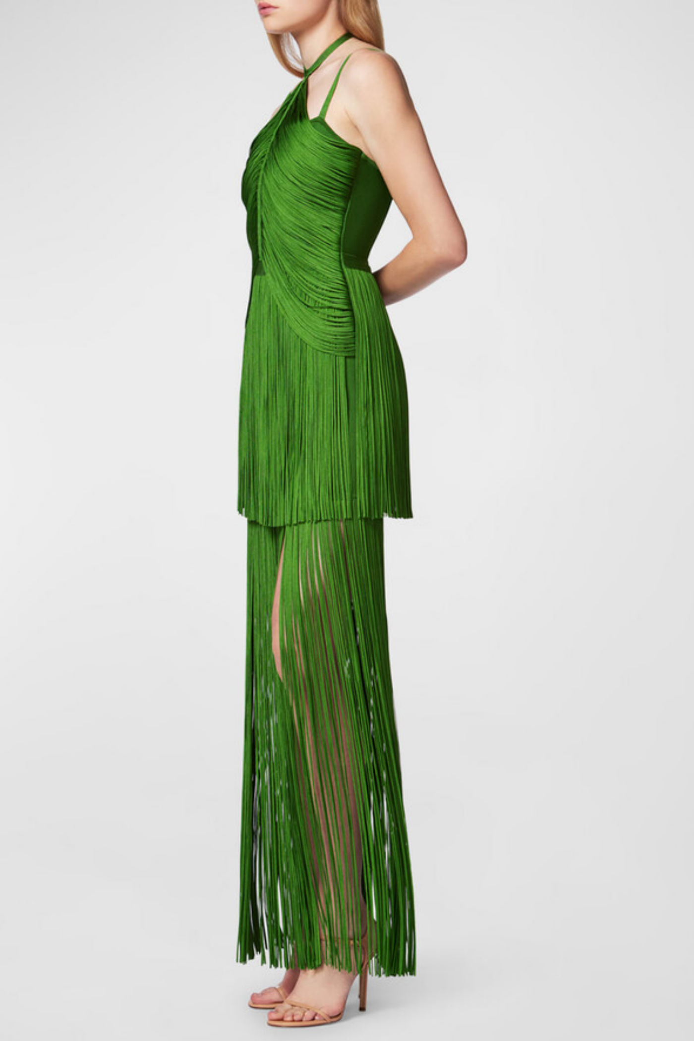 DOLY HALTER FRINGE MAXI DRESS - GREEN