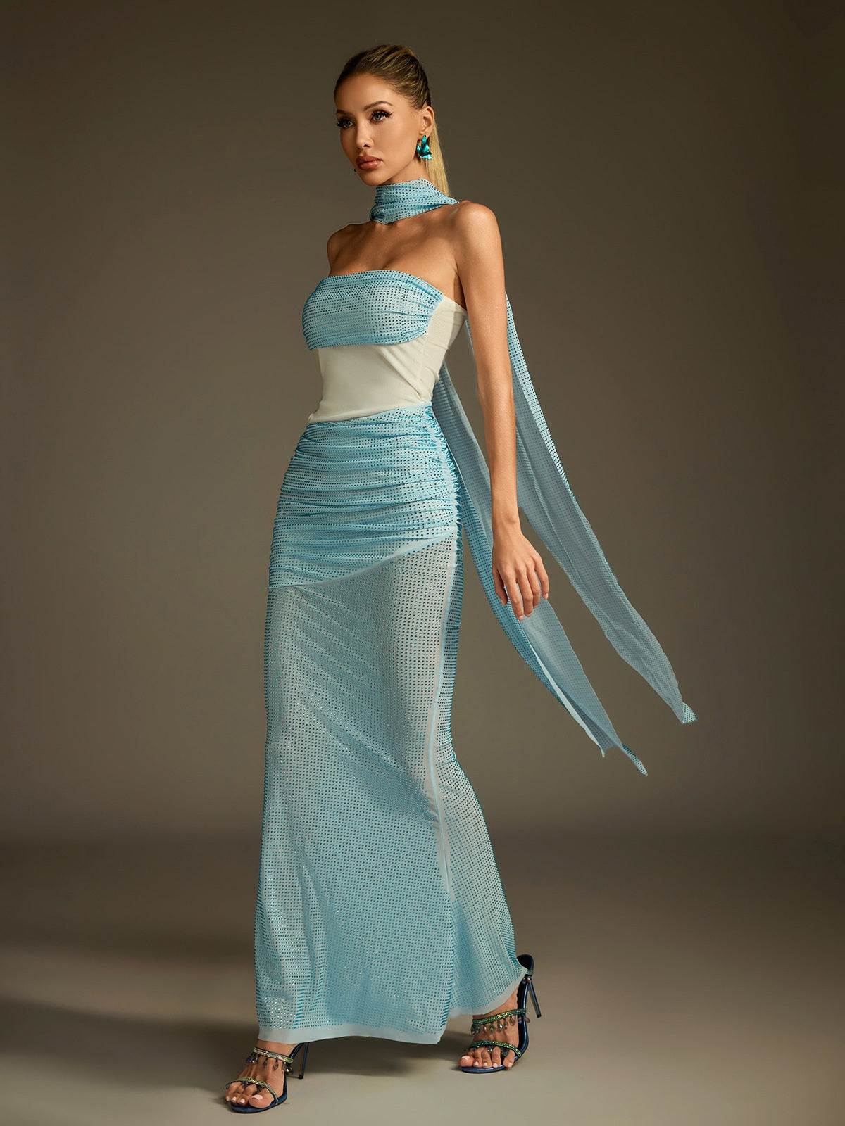 MAGGIE OFF-SHOULDER RHINESTONE MESH MAXI DRESS