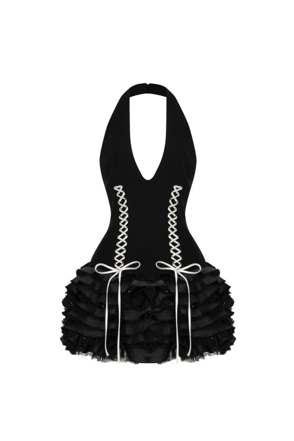 TRISTA LACE-UP HALTER RUFFLE MINI DRESS