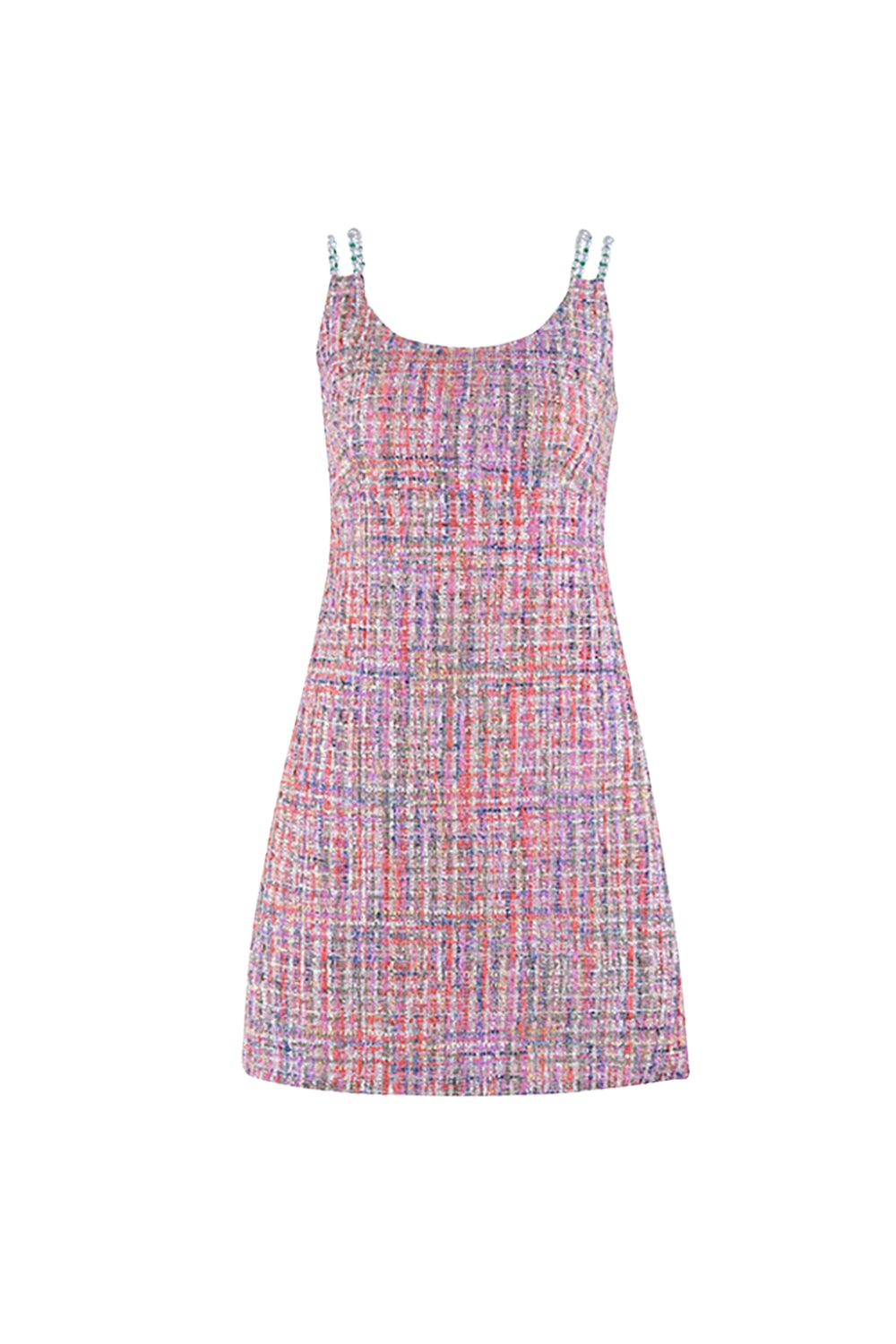 JOANNA TWEED MINI DRESS, SLEEVELESS CHAIN DETAIL