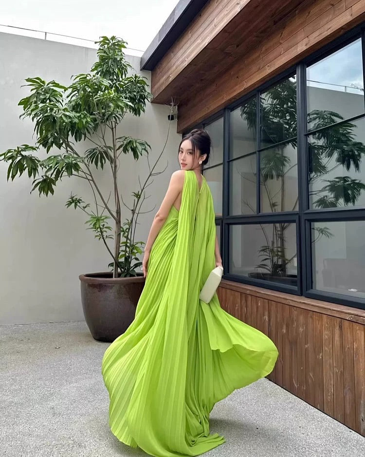 ALYSSA PLEATED GREEN MAXI DRESS FOR EVENTS