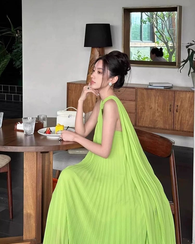 ALYSSA PLEATED GREEN MAXI DRESS FOR EVENTS