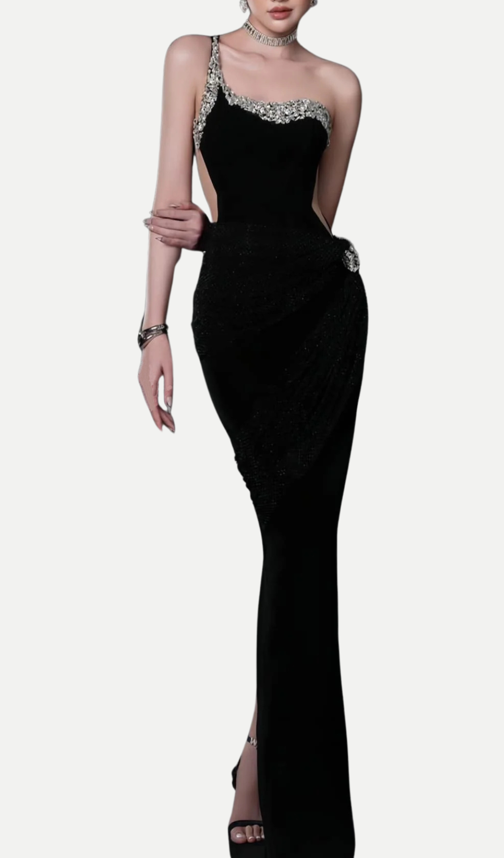 BLACK ONE-SHOULDER BANDAGE MAXI DRESS, COCKTAIL