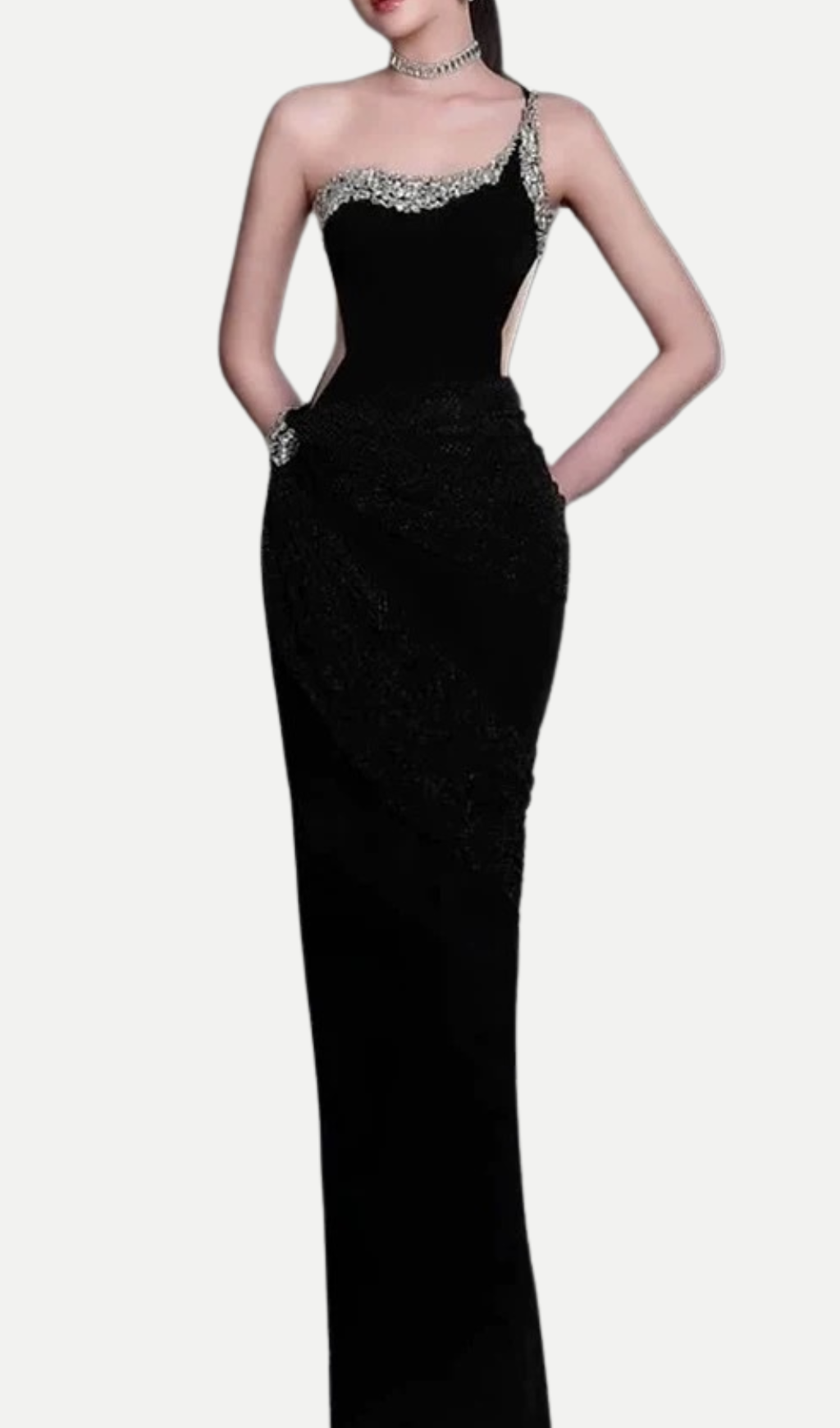 BLACK ONE-SHOULDER BANDAGE MAXI DRESS, COCKTAIL