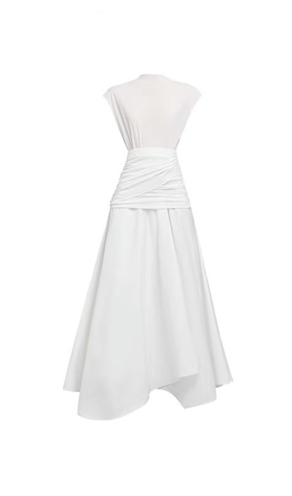 WHITE ASYMMETRIC WAIST CROSS PLEATED MIDI DRESS