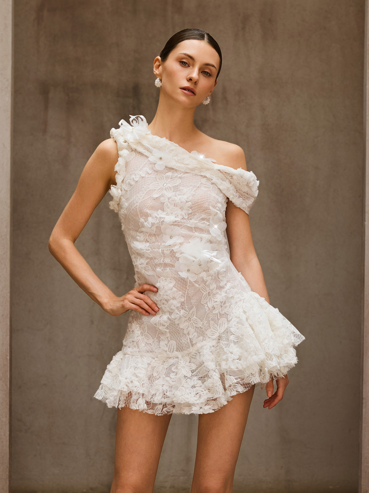 DURRIYAH ONE-SHOULDER FLOWER MINI DRESS