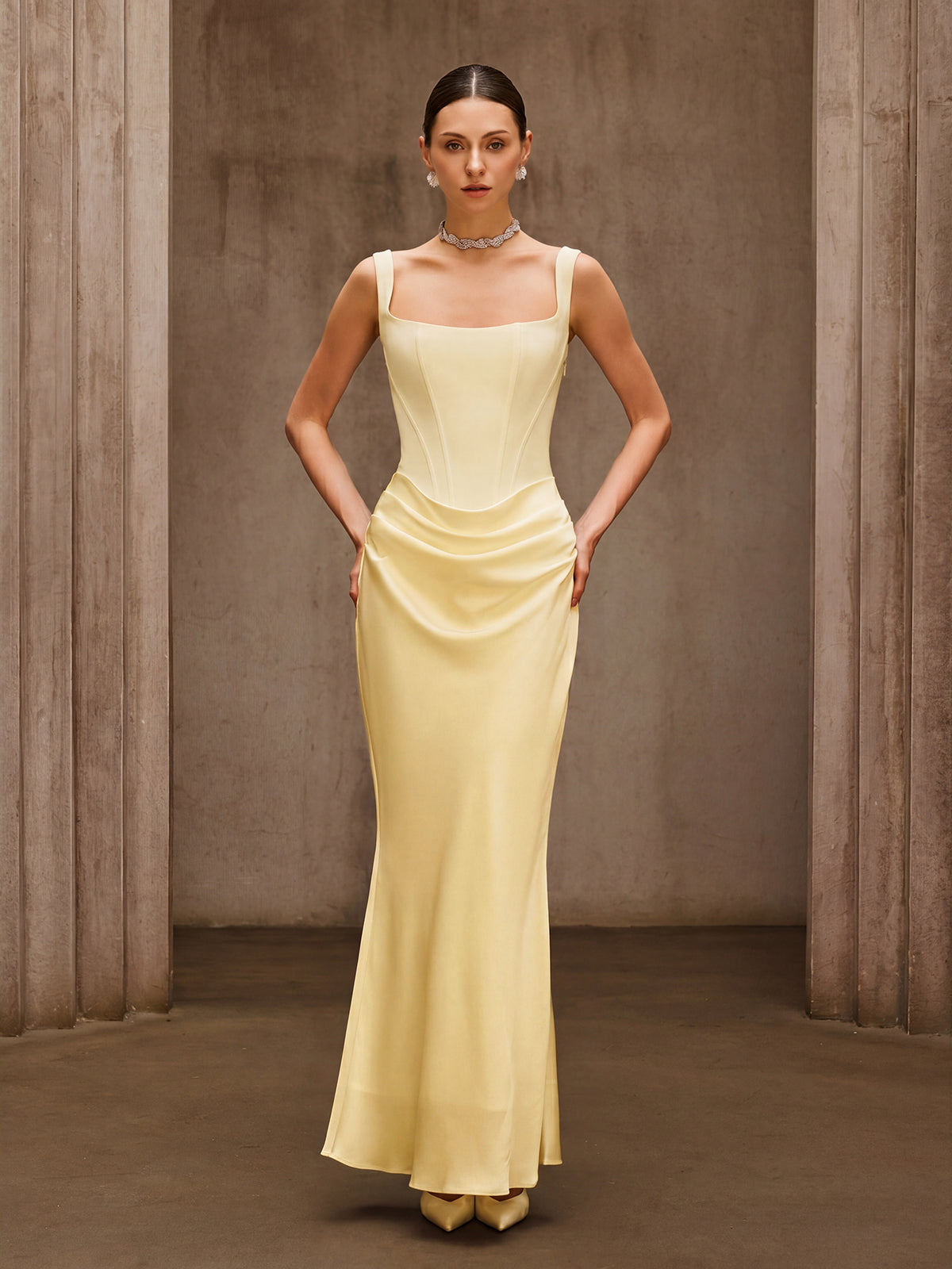 DUYEN BEIGE SLEEVELESS CORSET MAXI DRESS