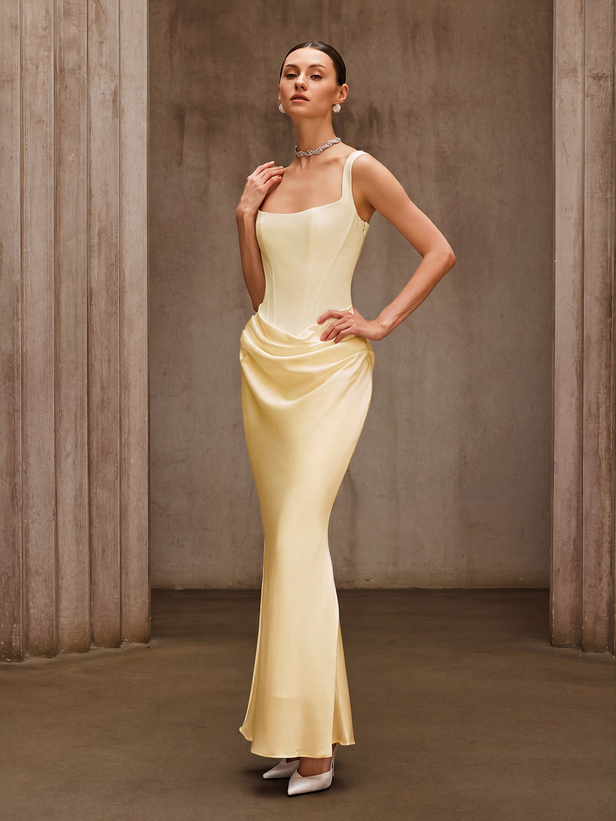 DUYEN BEIGE SLEEVELESS CORSET MAXI DRESS